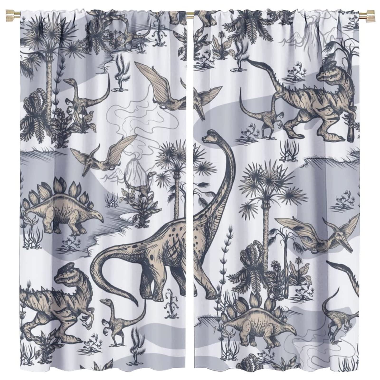 Photo 1 of Rustic Dinosaurs Blackout Curtains for Bedroom,Abstract Hand Painting Cartoon Animal Dino Jungle Window Drapes - Thermal Insulated and Noise Reduction,2 Panels 45L x 21W Room Darkening Curtains
