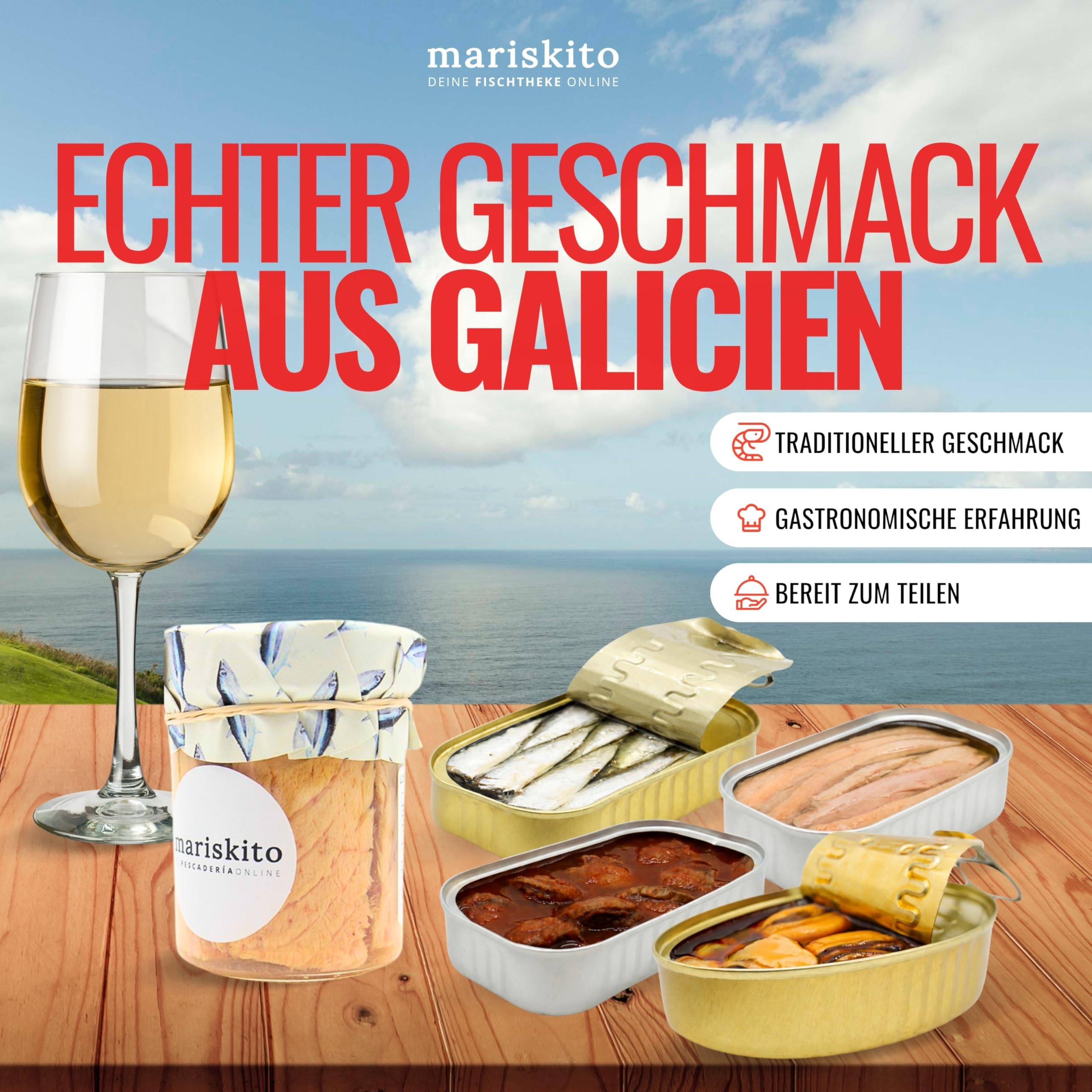 MARISKITO | Gourmet-Geschenkbox – Godello-Wein + 5 galicische Konserven – Delikatessen-Paket: Miesmuscheln, Sardinen, Bunte Kammuschel, Thon,Thunfisch-Bauchfilet – Weihnachtsset, Firmen, Feiergeschenk