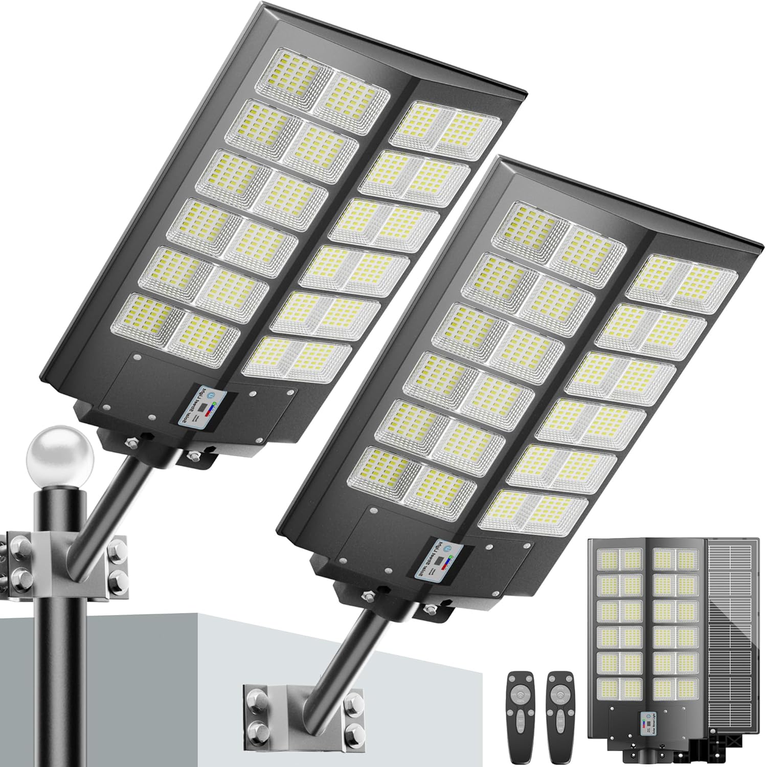 Solar Street Lights Outdoor Waterproof 9000W - LED Solar Powered Street Light Dusk to Dawn with Mention Sensor, Heavy Duty Large Outdoor Solar Lights for Parking Lot/Garden/Yard/Pathway Lighting 9000 Watts 2 Pack