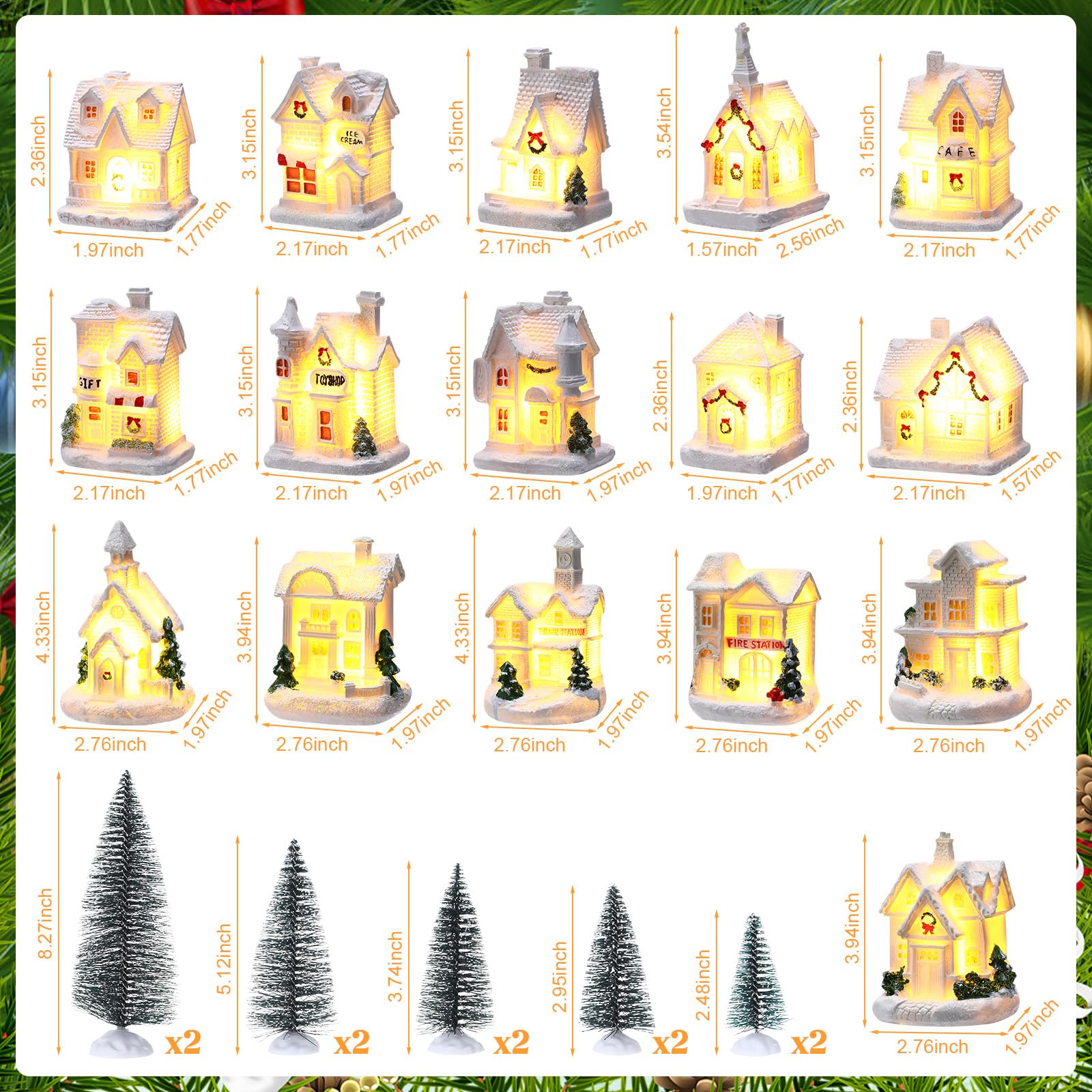 Vinsot Juego de 26 piezas de resina iluminada con 16 luces LED de Navidad, casas de pueblo de Navidad, 10 árboles de Navidad, batería para mesa, hogar, invierno, vacaciones, decoración de mantel
