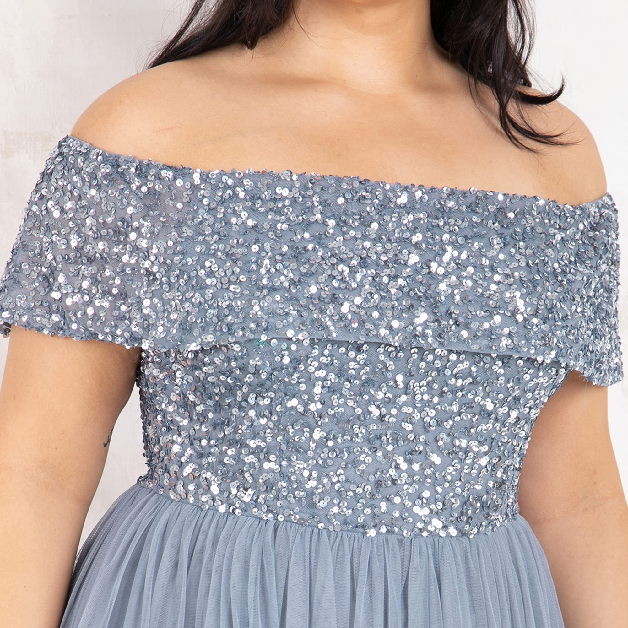 Maya Deluxe Soft Grey Bardot Embellished Maxi Dress Vestito per Damigella donore Donna