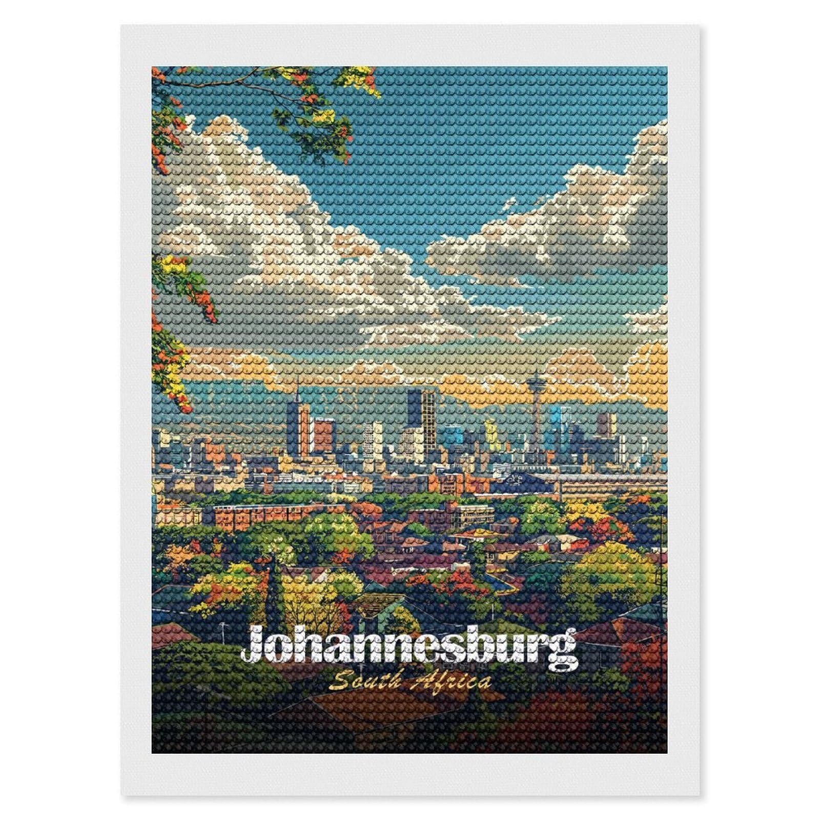 Junmoney Johannesburg South Africa Cityscape Round Drill Diamond Painting 12"x16", for Adults, Creative Leisure Activity, Office Decor, Holiday Gift Idea