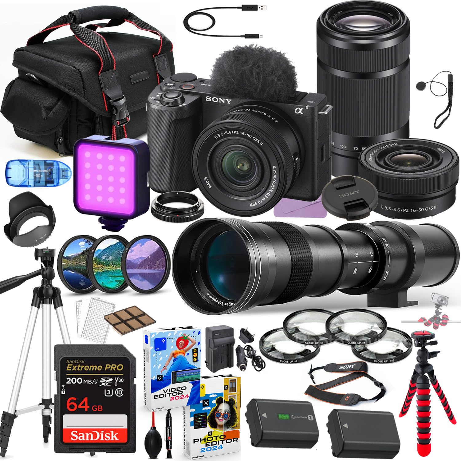 Sony ZV-E10 II Mirrorless Camera with 16-50mm & 55-210mm Lens Bundle + 420-800mm Zoom Telephoto Lens + Premium Acc Package Including 64GB Extreme Memory, LED, Software & More (35 Pieces)