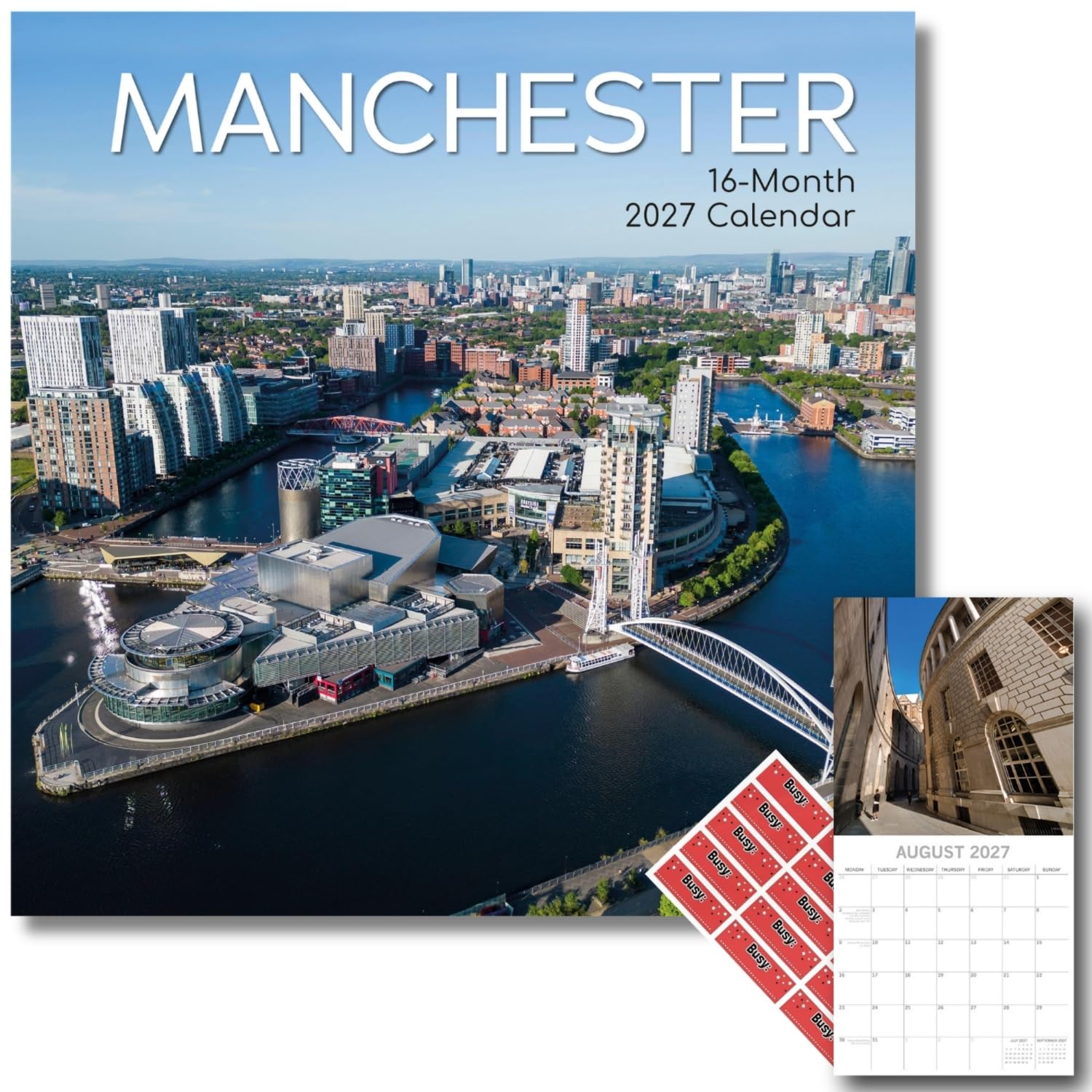 TGSC | Manchester 2027 Calendar with Planner Stickers, 16-Month Square Wall Calendar (Sept 2026 to Dec 2027), City Photography, Home and Office Organiser, 30 x 30 cm