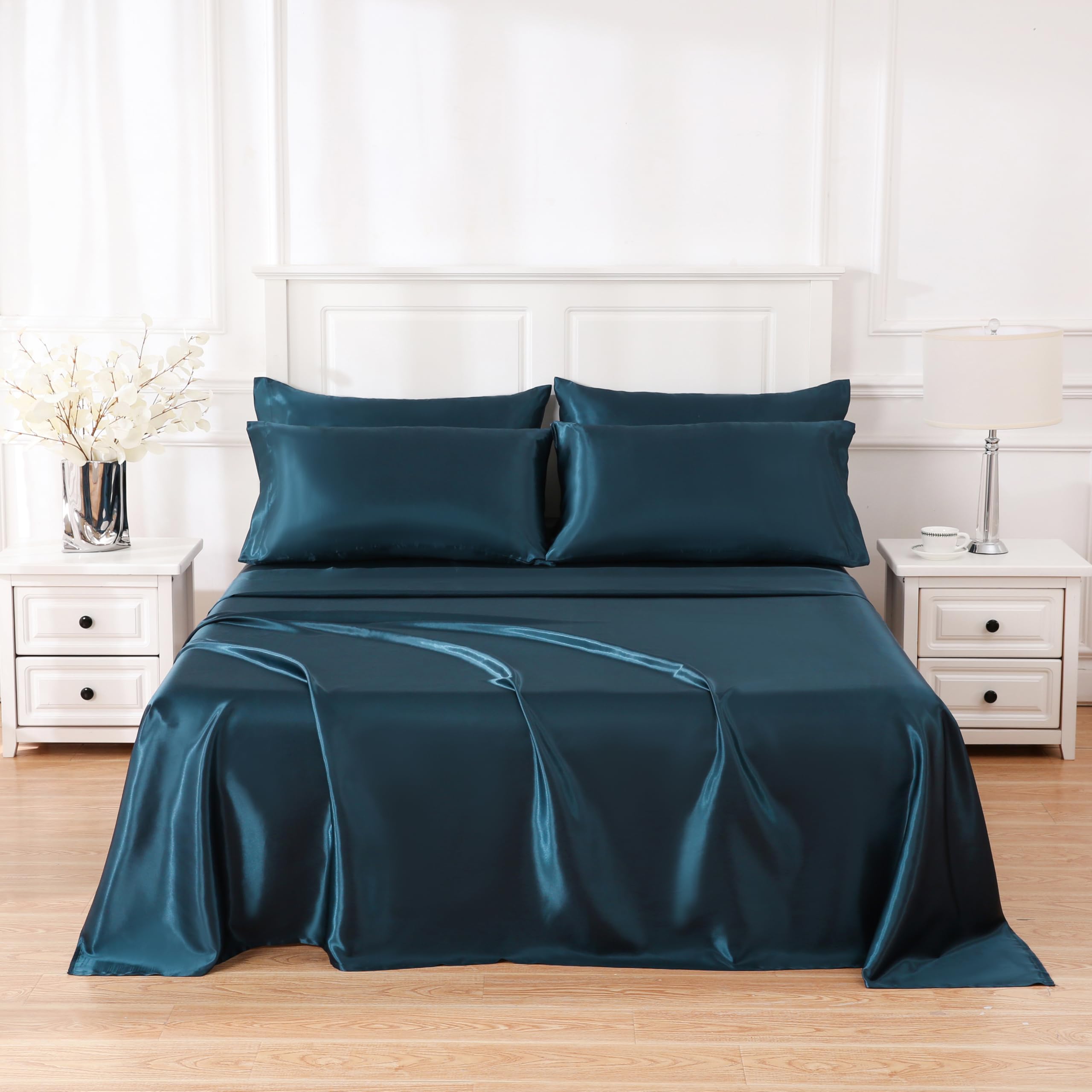 4 Piece Luxury Satin Bed Sheets Set with Pillowcases - Ultra Soft Silky Hypoallergenic Wrinkle-Free Hotel Quality Comfort