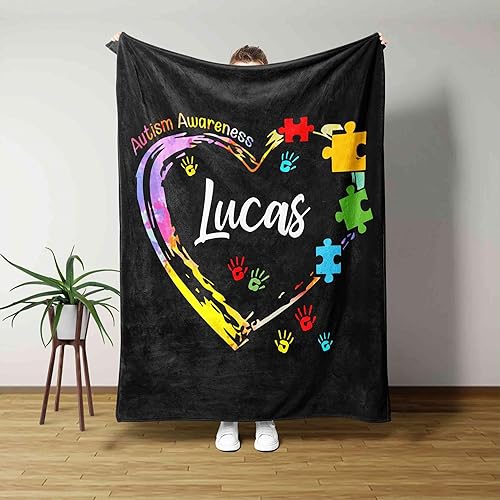 Manta de concientización sobre autismo, manta de corazón, manta de color de mano, manta de nombre personalizado, manta de regalo
