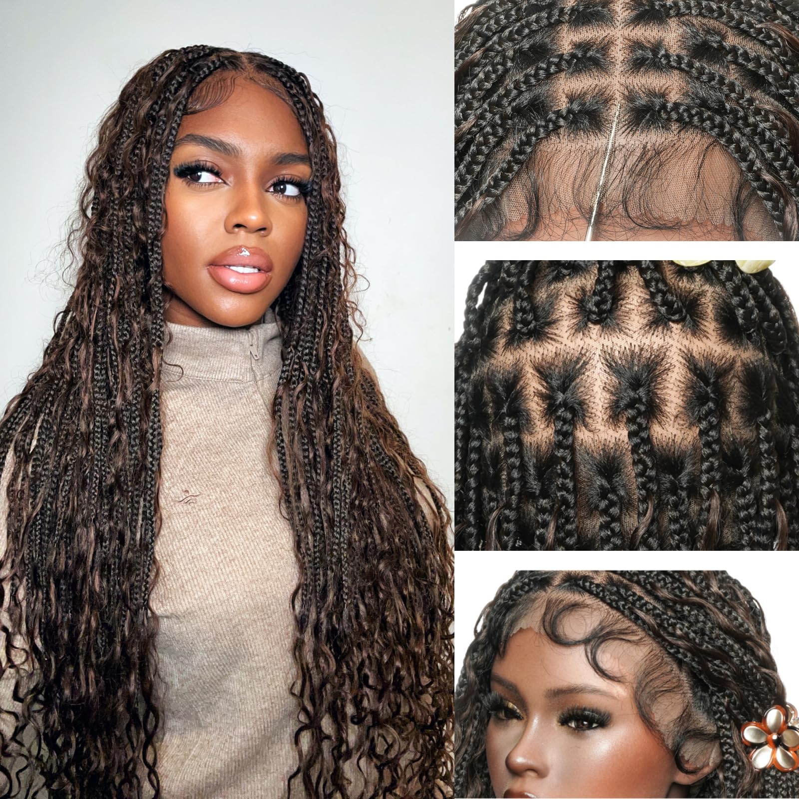 JALIZA 34" Mila Boho Braided Wigs for Black Women - Human Hair Boho Curls and Synthetic Braids, Knotless Hand-Tied Full Lace, Natural Scalp, Pre-Plucked, Fit Ca