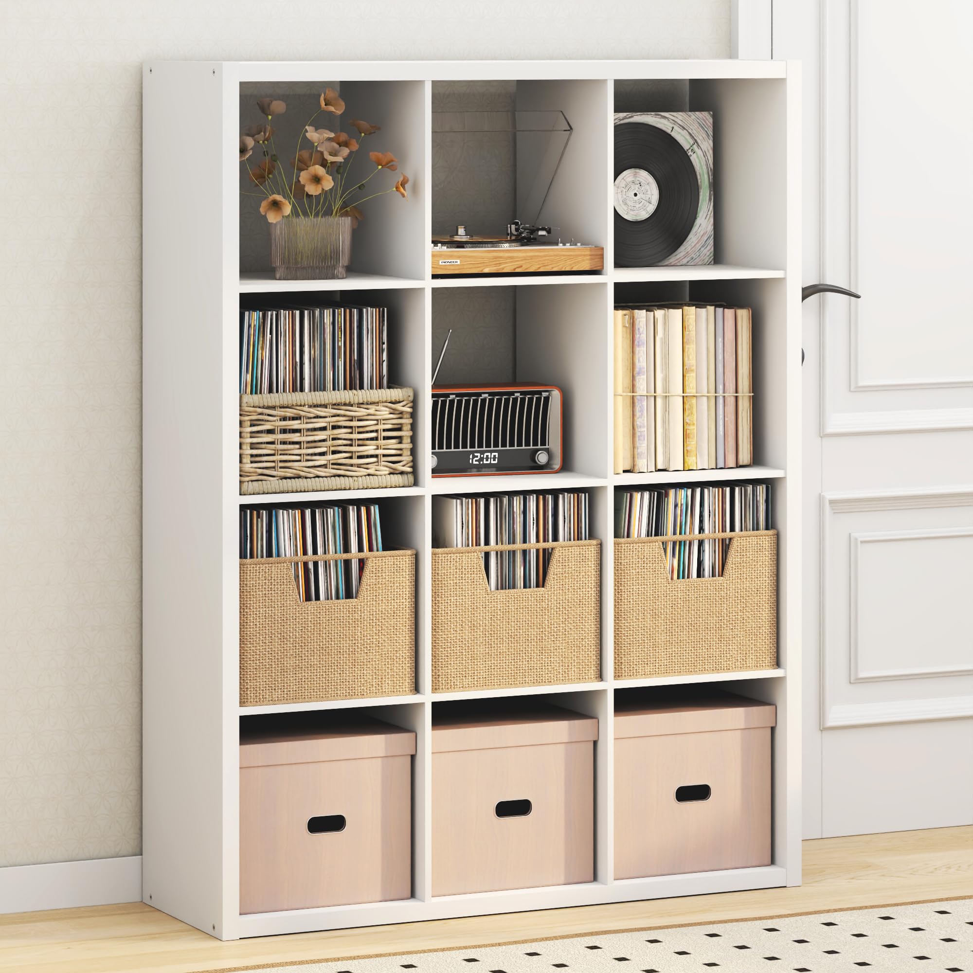 Furinno Cubicle Record Player Stand, 12-Cube Vinyl Record Storage, White