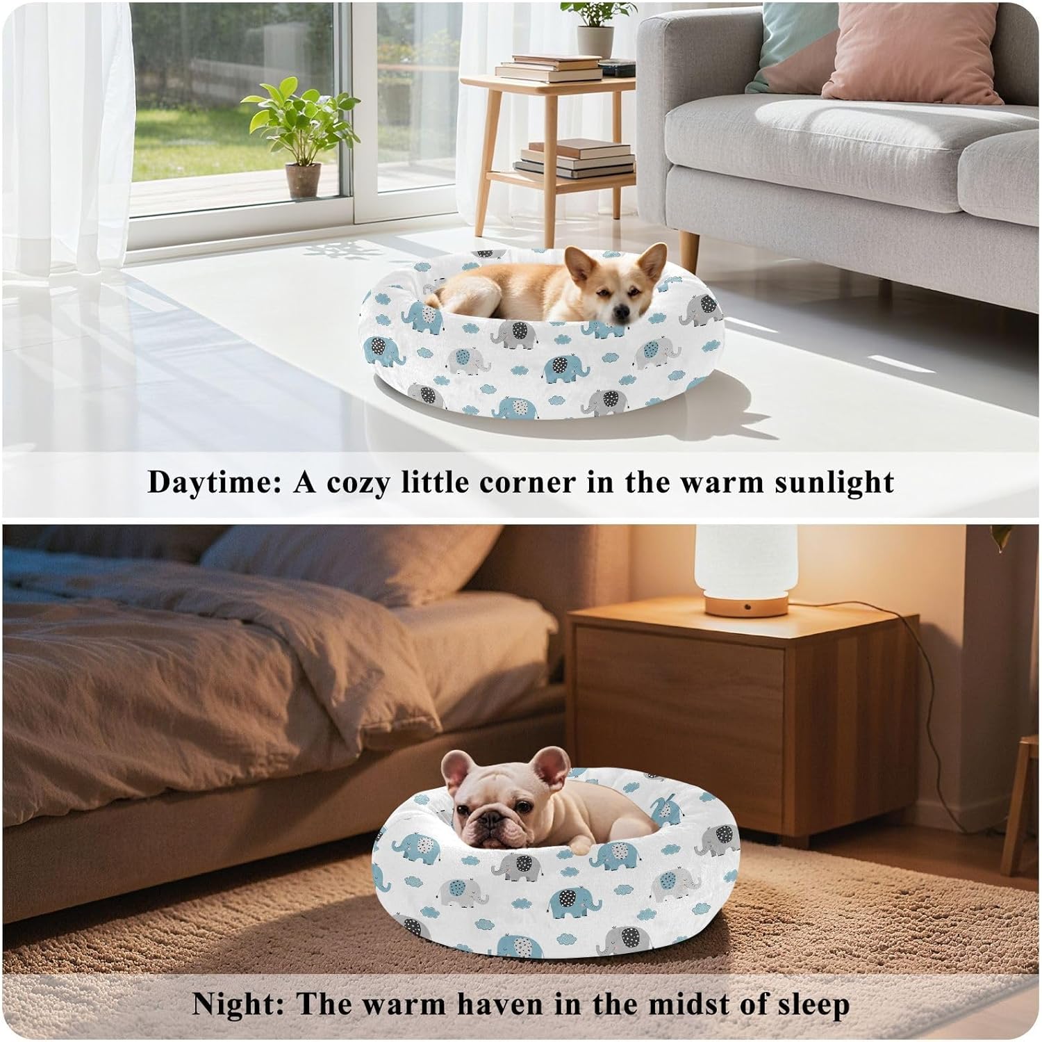 Elephant Dot Ear Pattern Dog Bed Round Donut Washable Puppy Cat Bed Small Pet Medium Dog Beds Mat for Small Medium Dogs Cats,M