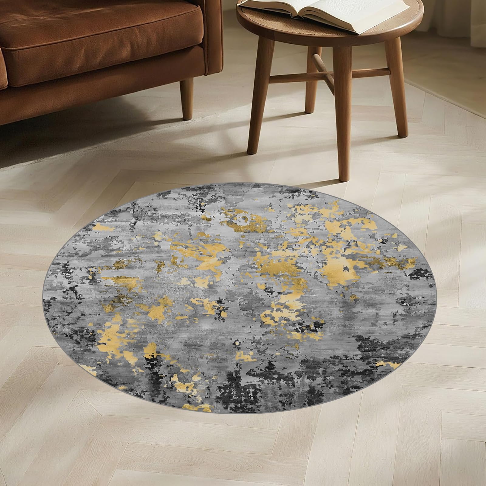 Abstrakter runder Teppich, Senfgelb, 130 cm Ø, modernes graues Design, ideal für Wohnzimmer, Schlafzimmer, Esszimmer, Kinderzimmer, stilvoller Wohnakzent.