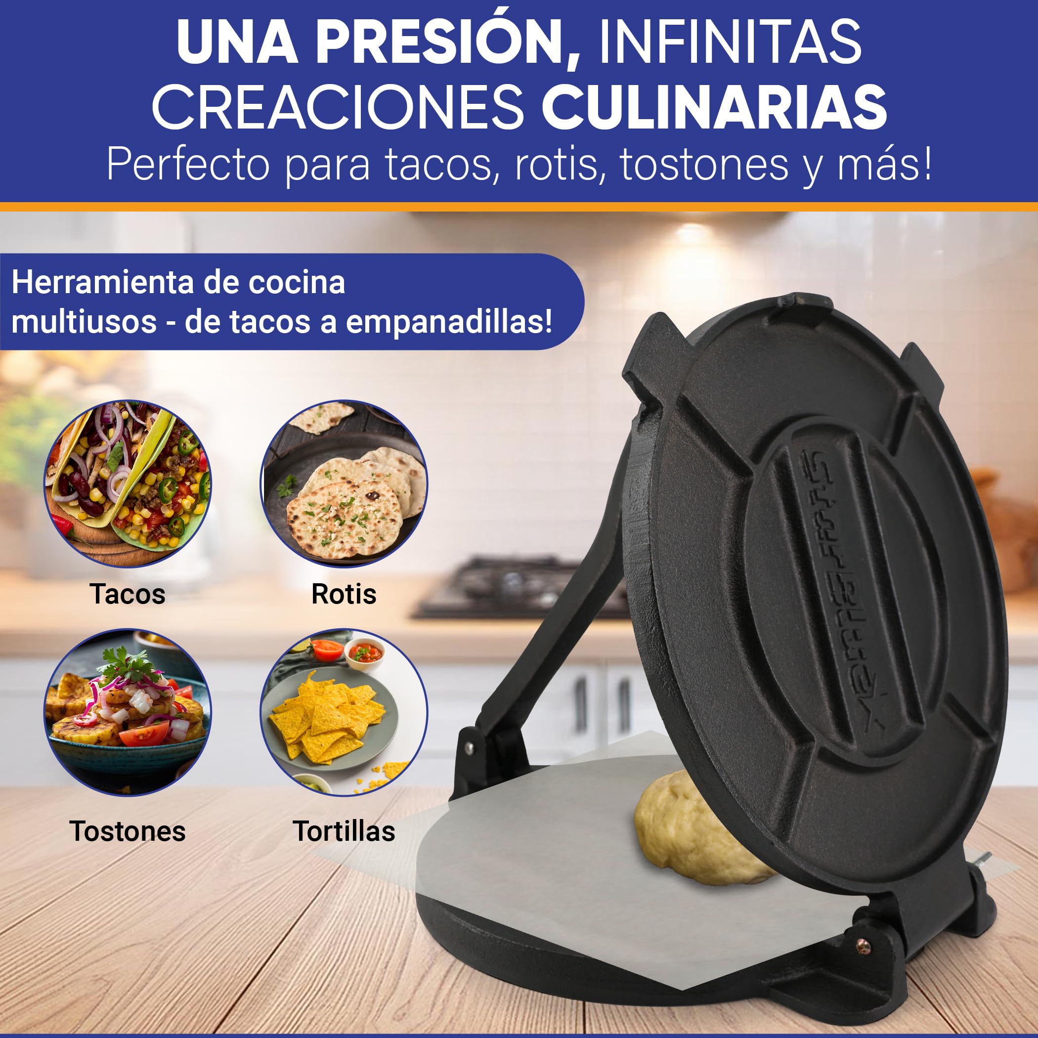 StarBlue - Prensa Para Tortillas En Hierro, 25 Cm De Diámetro, 100 Piezas De Papel Engrasado Y Libro Electrónico De Recetas, Ideal Para Hacer Chapatis, Tortillas Y Rotis Indios