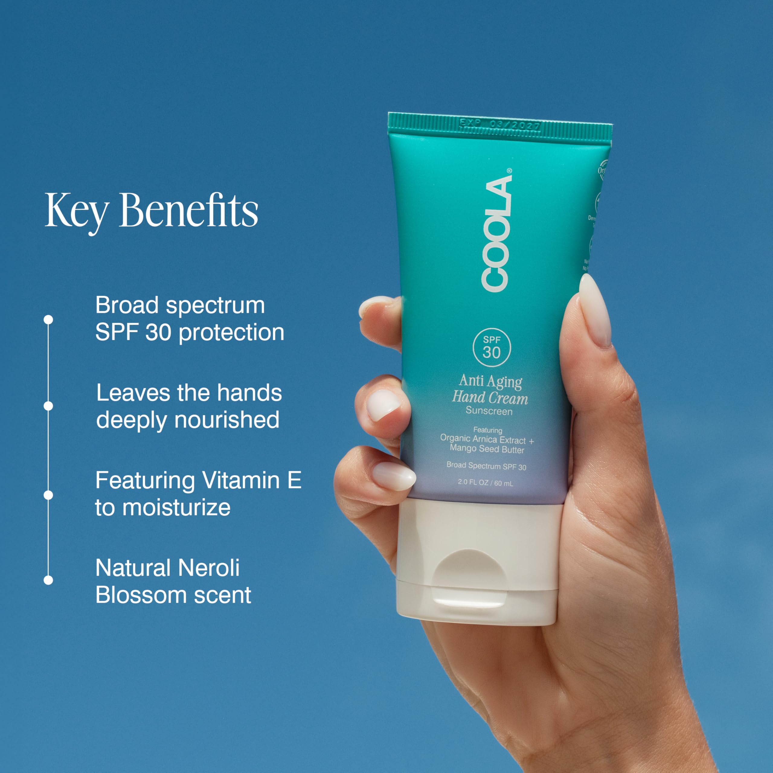 COOLA Anti-Aging Hand Cream with SPF 30, Dermatologist Tested Sunscreen, Mango Seed Butter, Vitamin E, Organic Arnica, Deeply Nourishing, Visibly Smooths Skin, 2 Fl Oz