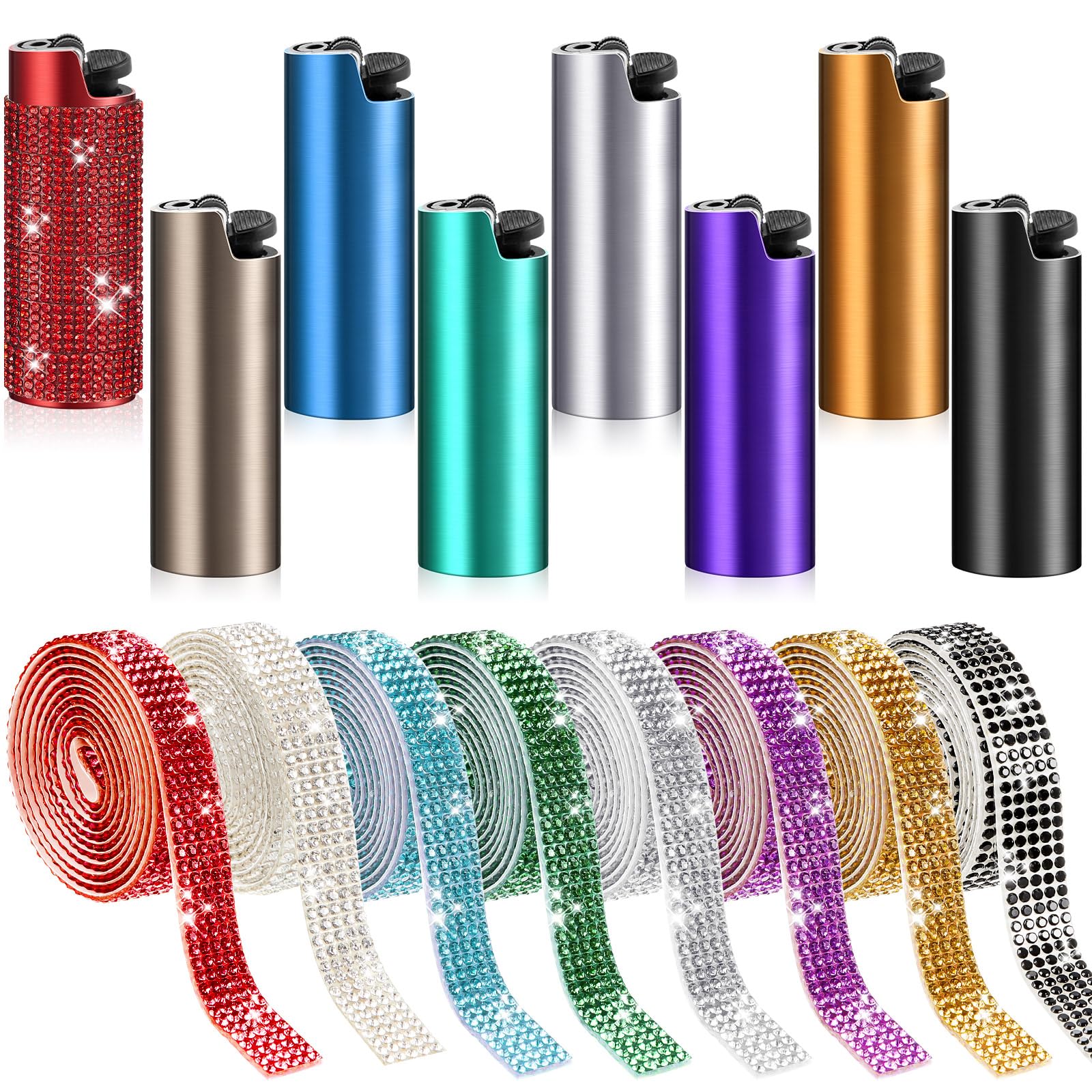 Threlaco 8 Pcs Metal Lighter Case Cover Sleeve and 8 Pcs DIY Rhinestone Stickers Set Metal Shiny Lighters Holder Compatible with J6-picture-29