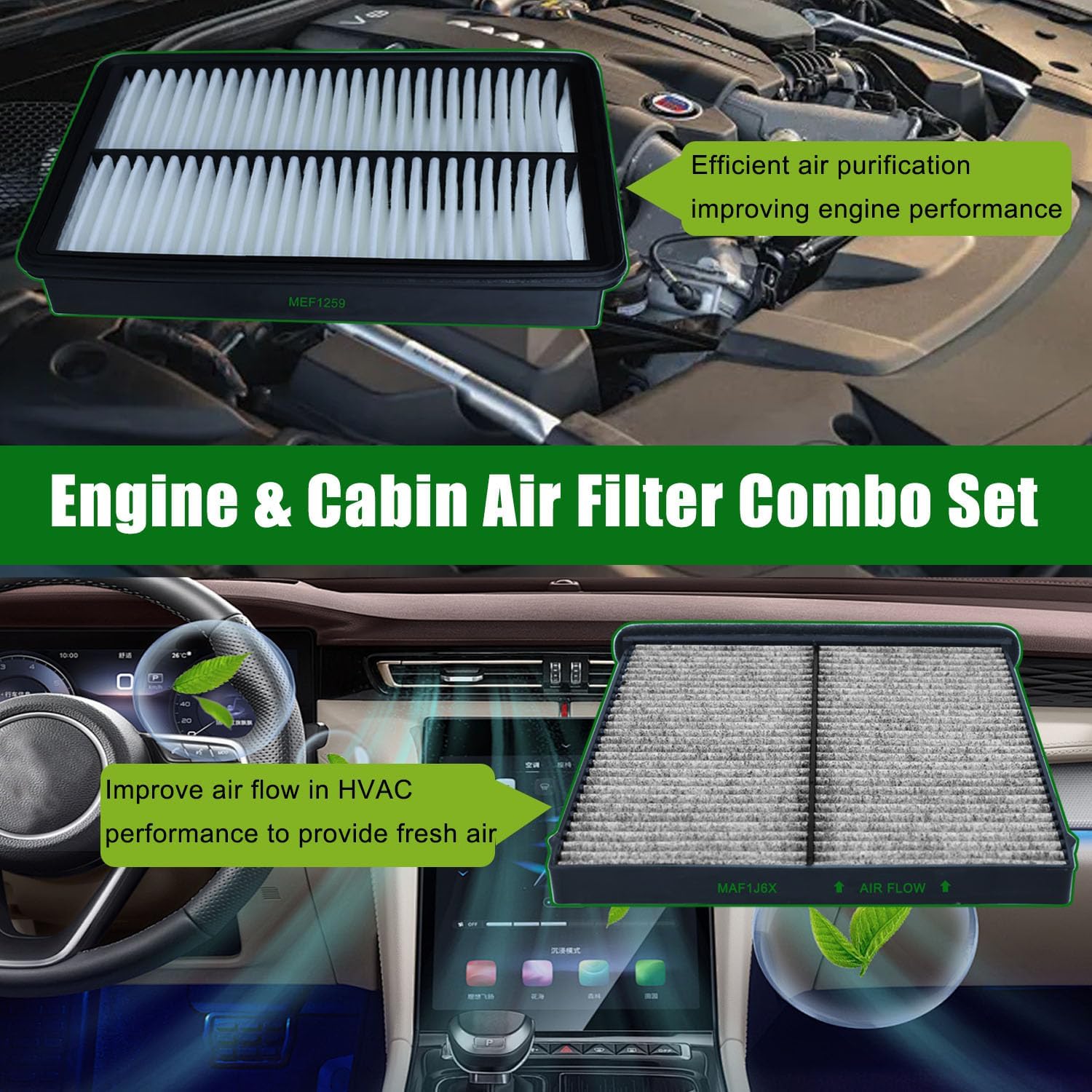 Mazda Engine and Cabin Air Filter Set, for Mazda CX-5 2.0L/2.5L(2013-24), Mazda 6 2.5L(2014-21), Mazda 3 2.0L/2.5L(2014-18), Replace for CF11811, KD45-61-J6X, CA11259, PE07-13-3A0, PE01-14-302A,