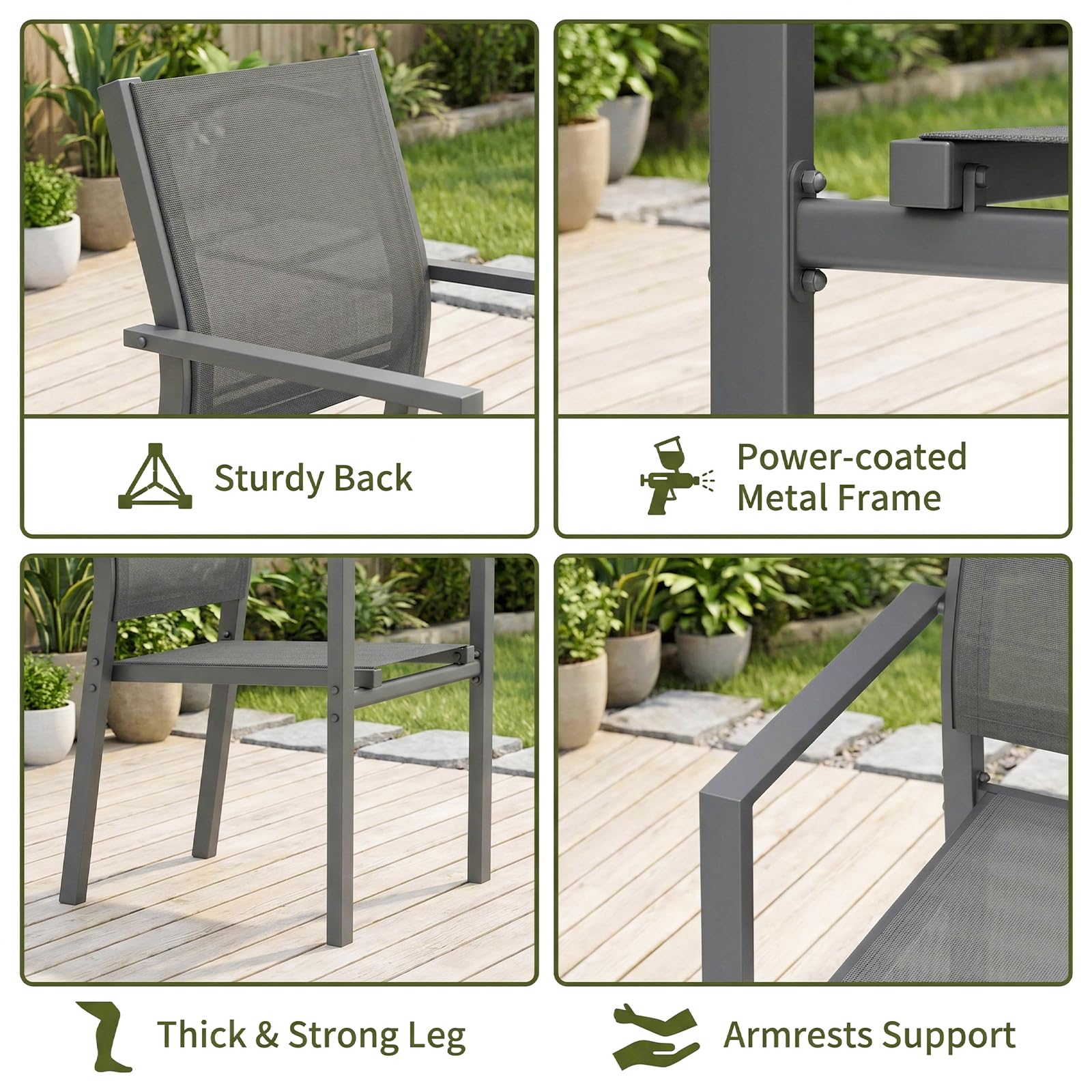 LIFERUN Juego de 6 sillas de jardín apilables Teslin y Estructura de Metal, sillas de balcón, sillas de Comedor para Exteriores, para terraza, jardín, Piscina, hasta 120 kg, Gris, 6 pcs | Teslin - Silla de jardín con estructura de metal (120 kg, transpira