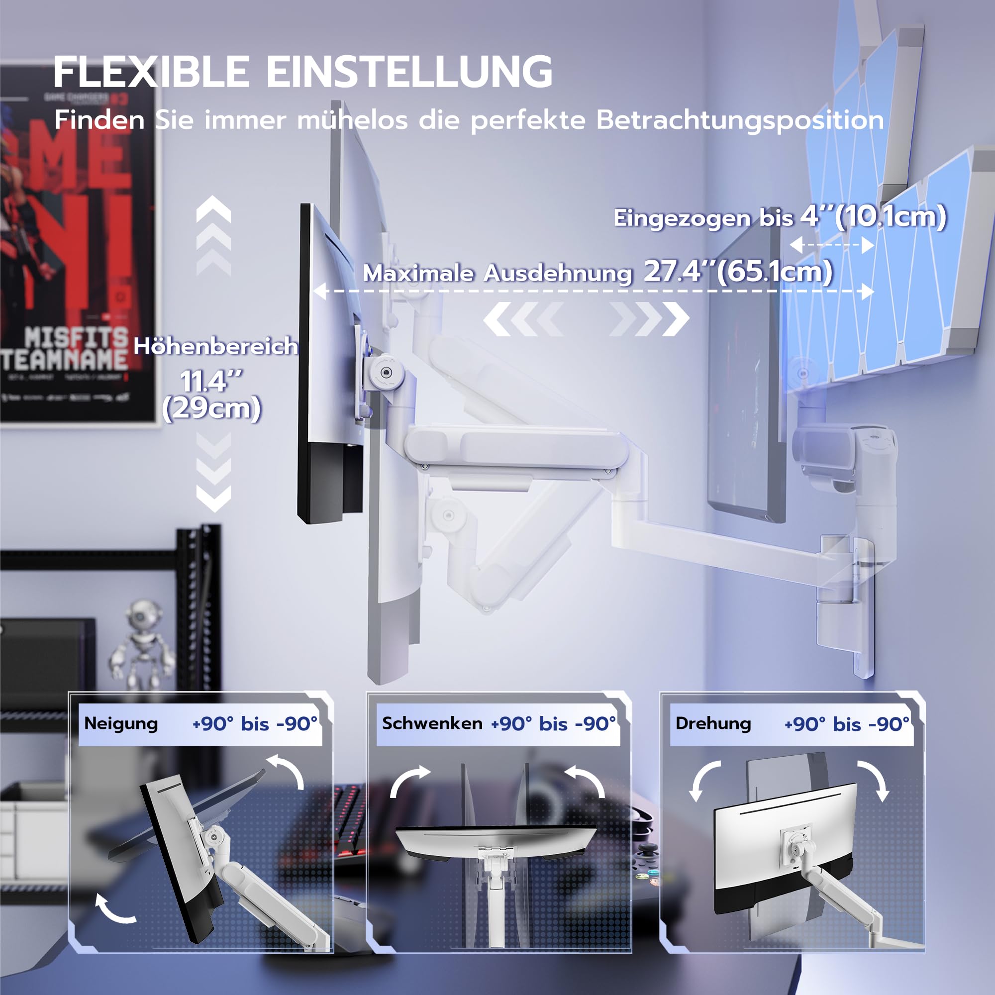 ARES WING 24-57" Monitor Wandhalterung - für Bildschirm bis 27 kg, Gasfeder Monitor Halterung Wand Höhenverstellbar Neigbar Schwenkbar, VESA 75/100, Monitor Halterung für Büro & Gaming, Weiß