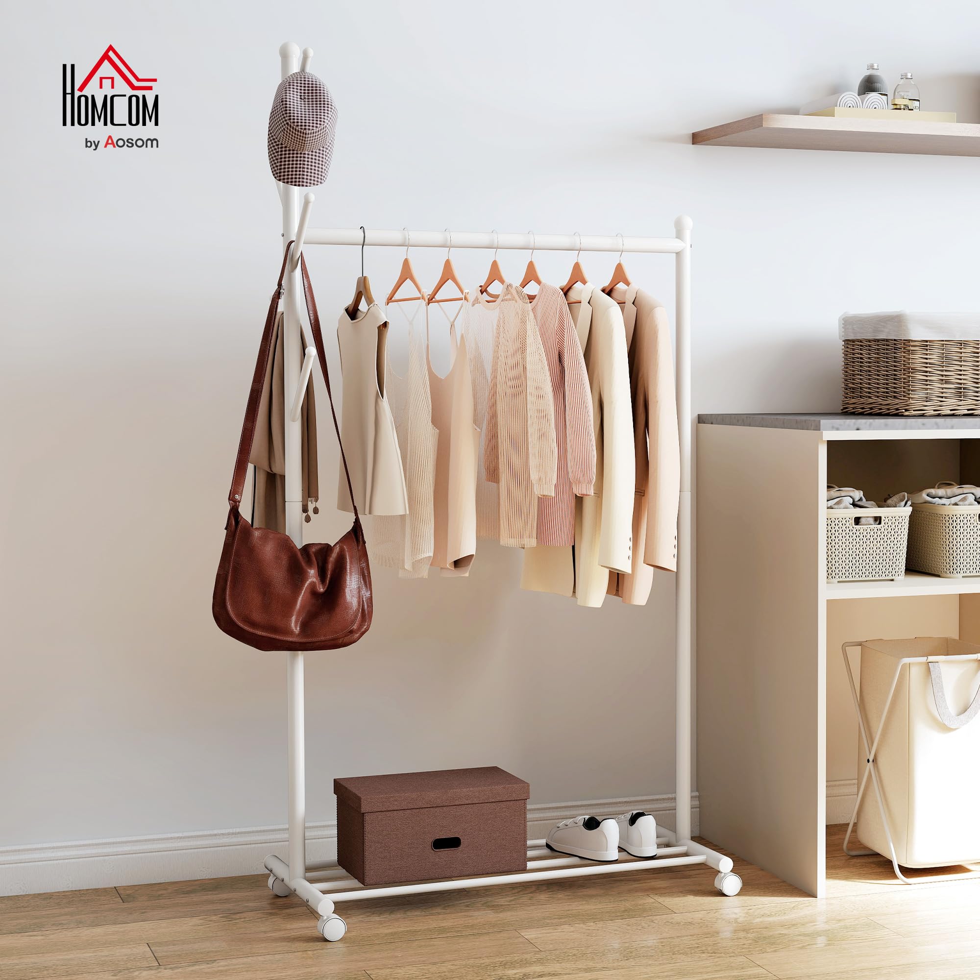 HOMCOM Burro Ropa con Ruedas, Perchero Burro Ropa con 5 Ganchos Barra para Colgar y Balda Inferior Perchero para Recibidor, Entrada, Dormitorio, 86x43x171 cm, Blanco