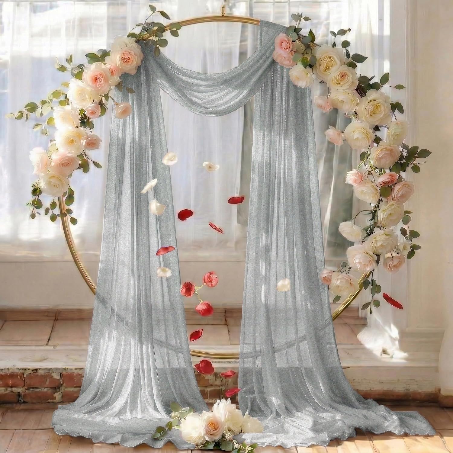 ® Pack of 1 Wedding Arch Drape Panel (30" Width x 30ft Long) Sheer Chiffon Arbor Canopy Drapery Fabric for Wedding Ceremony Reception Decoration Party Ceiling Backdrop Curtain Swag - Gray thumbnail