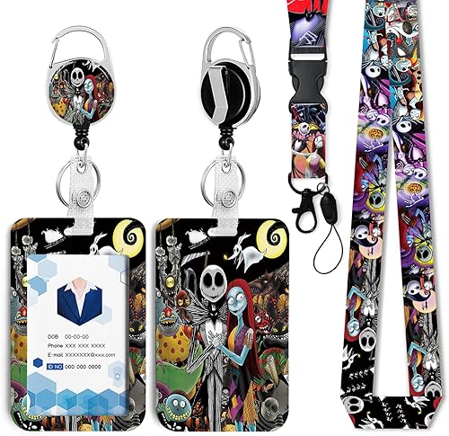 Soporte para tarjeta de identificación de Navidad con cordón, soporte retráctil de identificación de anime de pesadilla con cordón desmontable,