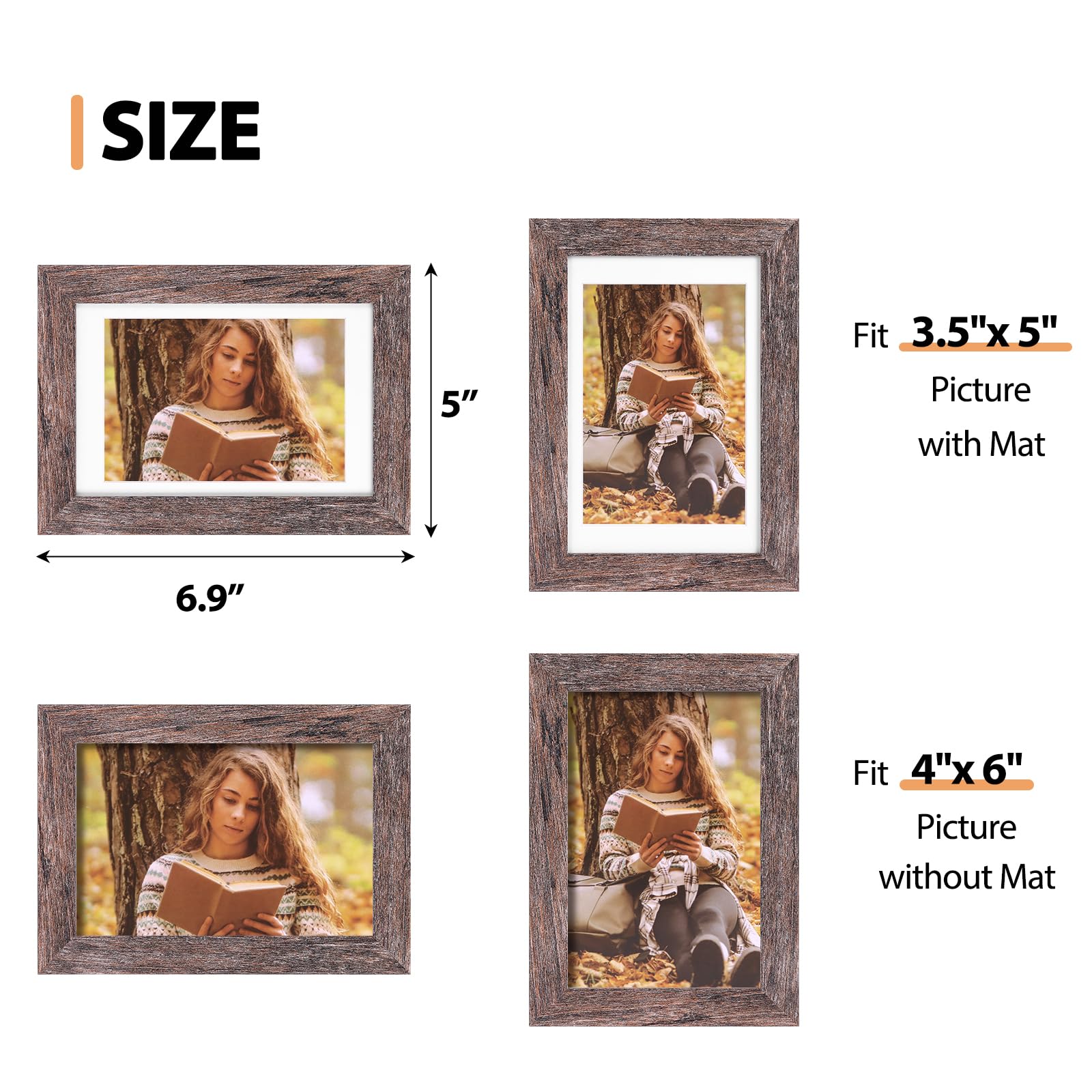 Fixwal 4x6 Bilderrahmen 5er Set mit gehärtetem Glas, MDF, rustikales Braun