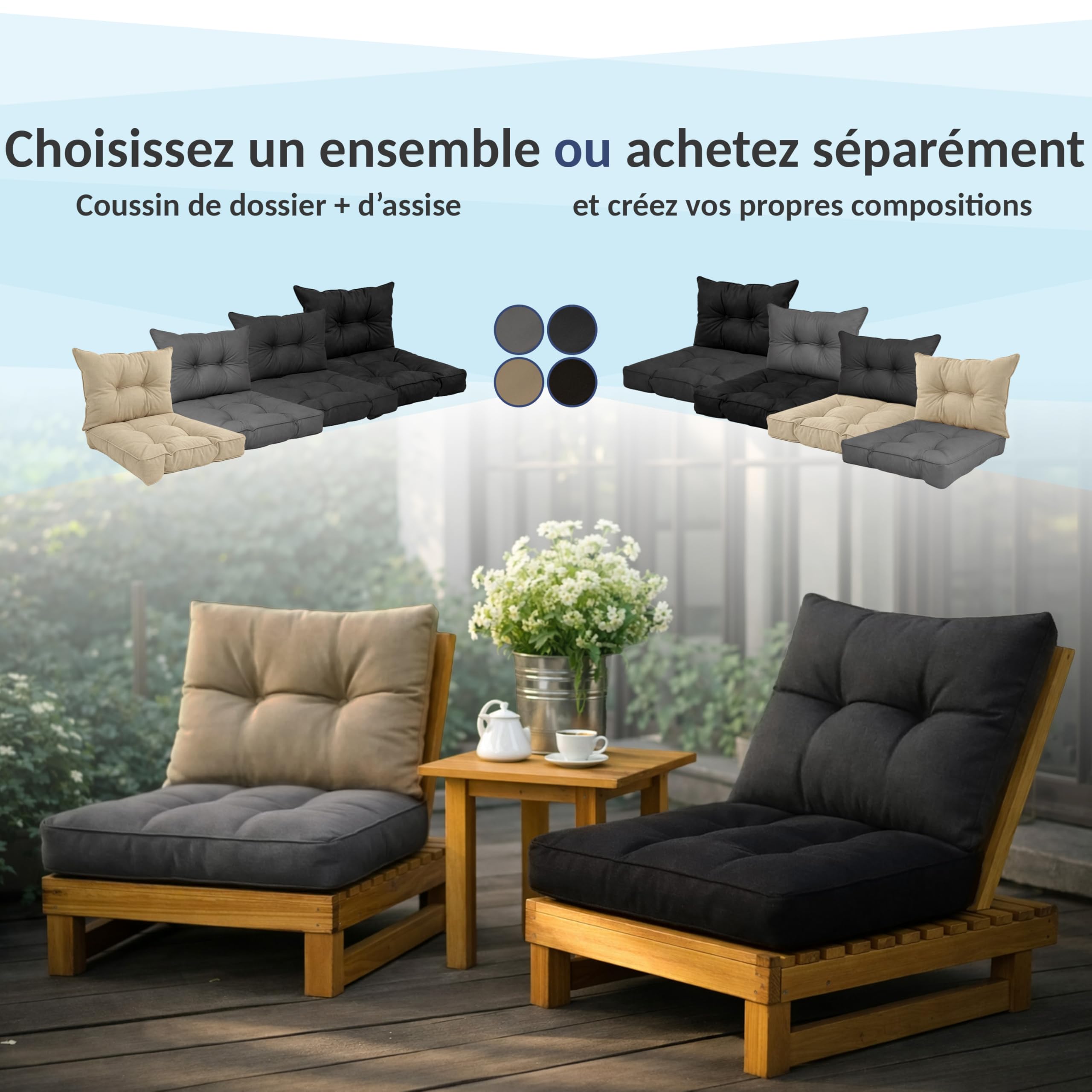 POKAR Lot de 2 Coussins de Jardin 1x Assise 60x60x10 cm + 1x Dossier 60x40x10 cm | Imperméable et Déperlant | Set de Coussins pour Chaise, Fauteuil Rotin et Salon de Jardin | Made in EU | Beige