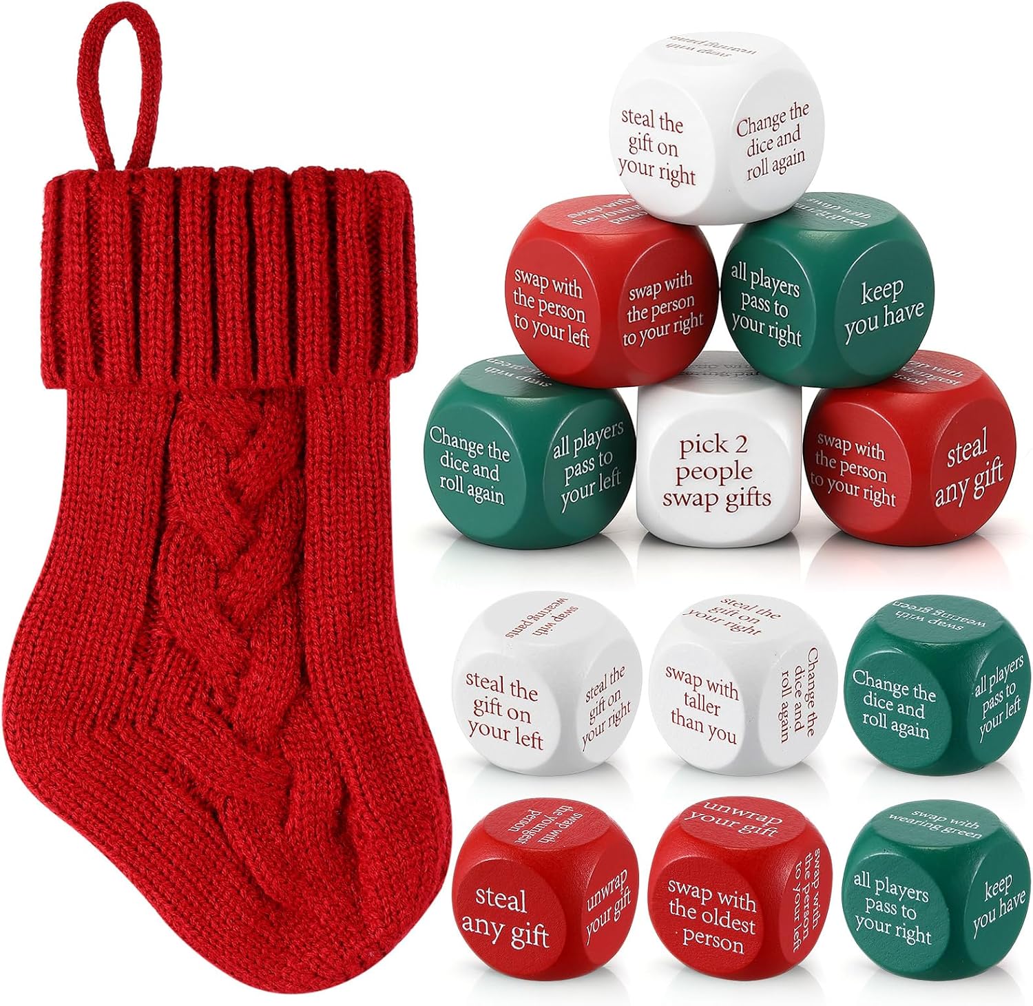 Hollowfly 12 Pcs Christmas Dice Gift Exchange Game for Family Party Christmas Party Stocking Stuffers Gift Exchange Dice Game Xmas Ice Breaking Tools with Stocking for Women Men Adults(Multicolor)