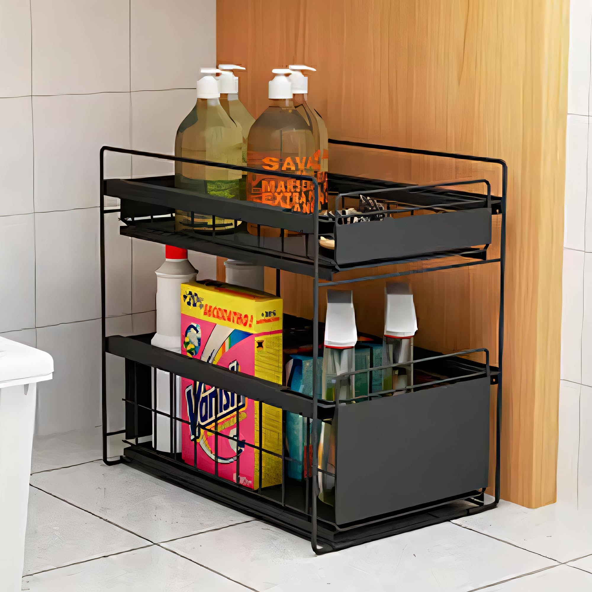 Kuber Industries Iron 2 Tier Corner Stand for Kitchen Counter Top with Wheels | Cosmetic, Bathroom & Kitchen Organiser Rack Shelf | Countertop, Tabletop, Tiered Shelf | Black-image-32