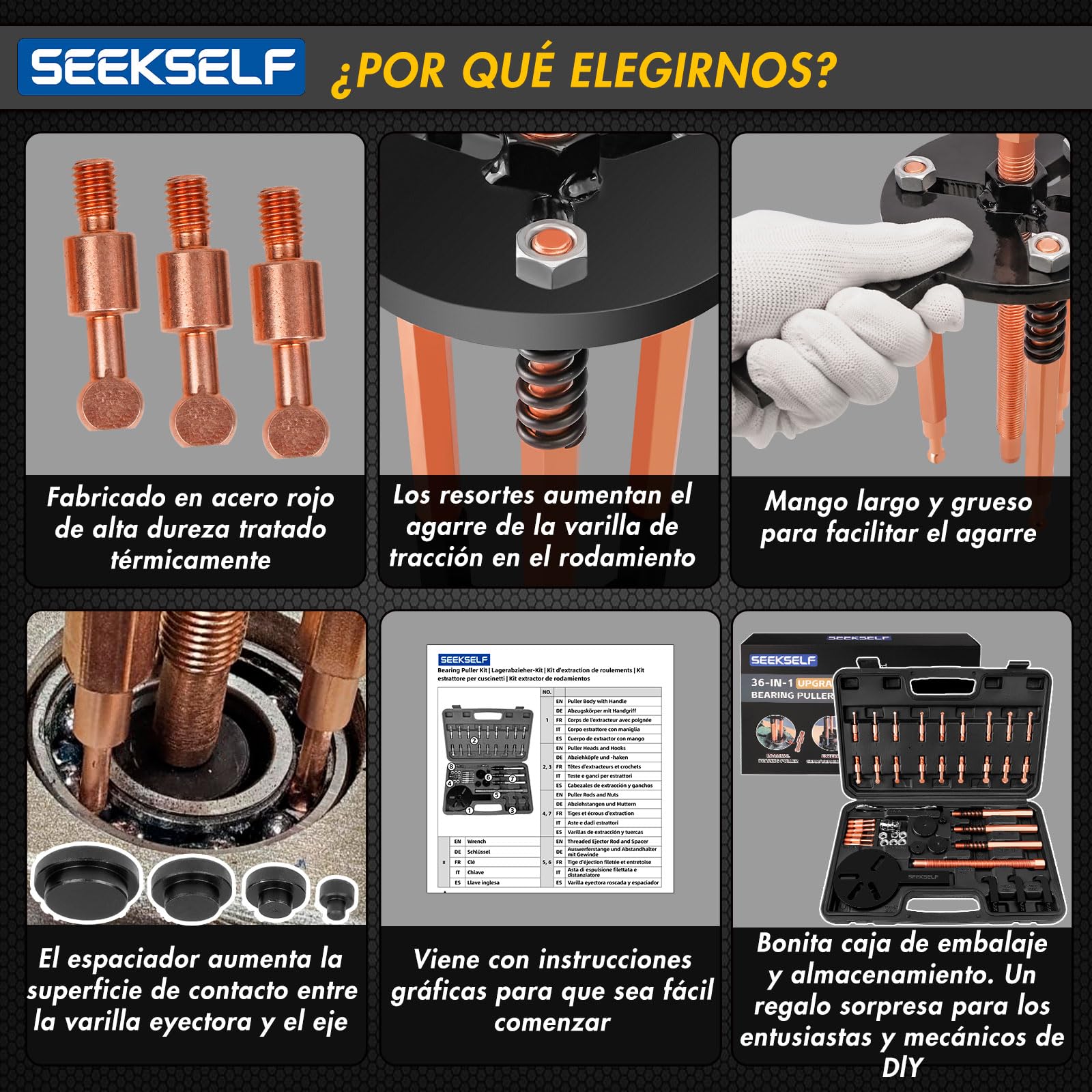 Kit de Extractor de Rodamientos 36-en-1, Juego de Separación de Cojinetes Internos y Externos, Herramienta de Extracción de Engranajes Externos de Rodamientos Ciegos