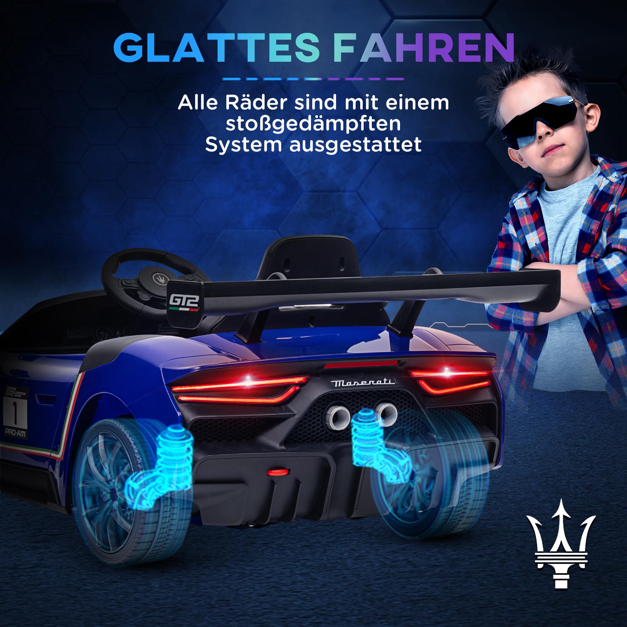 AIYAPLAY Kinder Elektroauto Maserati GT2 12V Doppelmotor 3-5 Jahre Blau | 2,4GHz Fernbedienung, Musik, Hupe, 4 Stoßdämpfende Räder, Lichten, Stützräder, 3-5 km/h, Elektro Kinderauto
