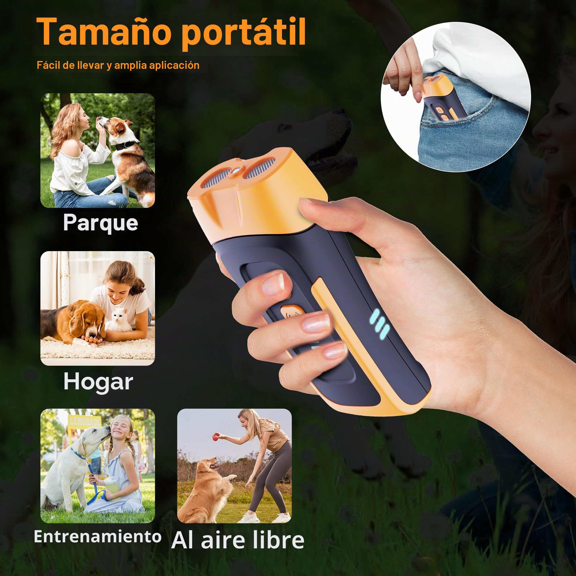 Antiladridos para Perros,Dispositivo de Control antiladridos(con 2 emisores ultrasónicos de Rango de 50 pies y Luces LED) Entrenador de Perros portátil,Seguro para Todos los Perros de Todas Las Razas