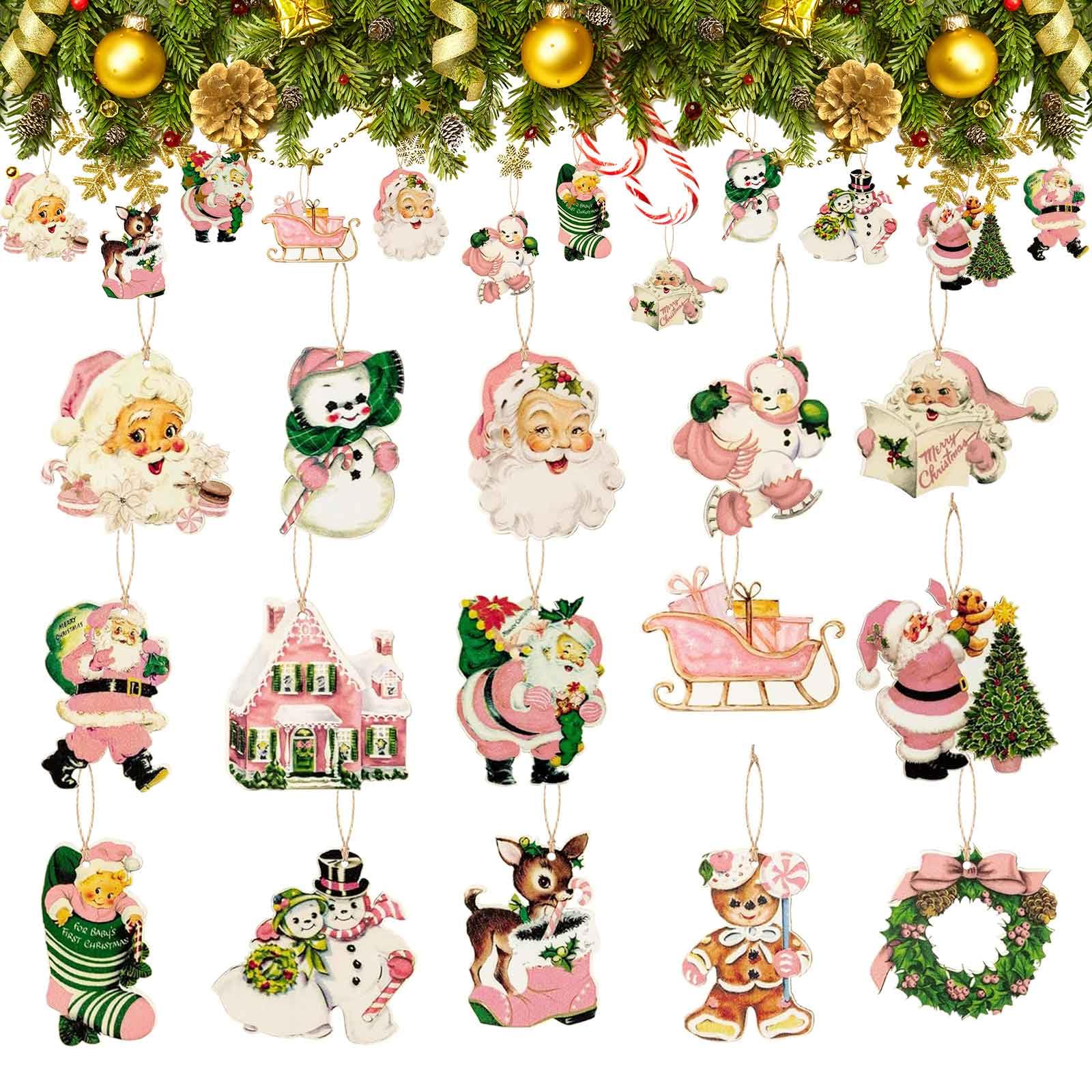 30 Piezas Adornos Arbol Navidad Madera,15 Estilos Rosa Decoración Arbol De Navidad,Muñeco De Nieve Noel,Papá Noel Adornos Navideños Arbol para Decoración Navideña Hogar Interior y Exterior