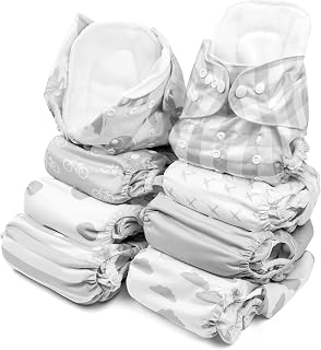 BaeBae Goods Adjustable Cloth Diapers for Boys and Girls – 8 Reusable Cloth Diapers for Babies with 8 Cloth Diaper Inserts (Grey Plaid)