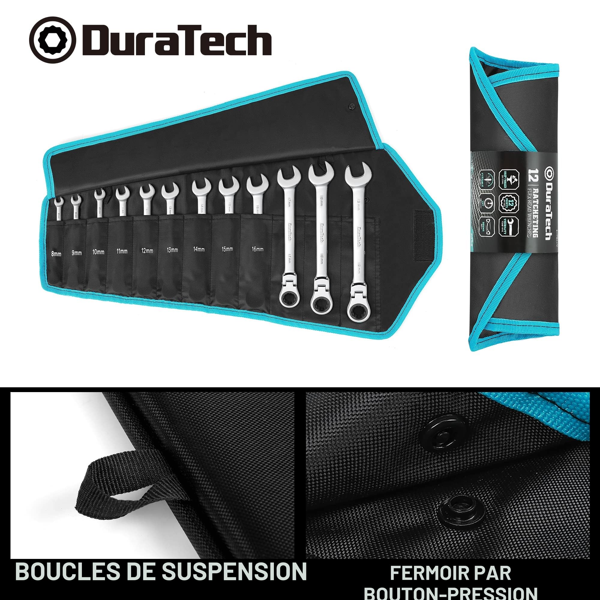 DURATECH Jeu de Clés à Cliquet Articulées 8-19 mm, Mixtes à Cliquet Tete Flexible 12 pièces, Lot de Clé Plate à Cliquet, en Acier au Chrome Vanadium avec Pochette Enroulable