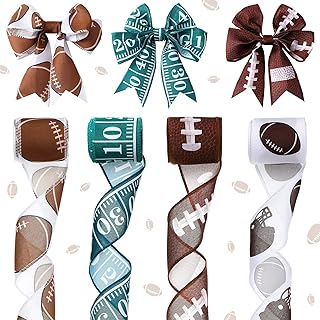 20 Yards/4 Rolls Football Wired Ribbons 2.5 Inches Wide Green Brown Wired Ribbon Sports Burlap Ribbon Rolls Ball Pattern Ribbons for DIY Wrapping Crafts Decor Party Ornaments