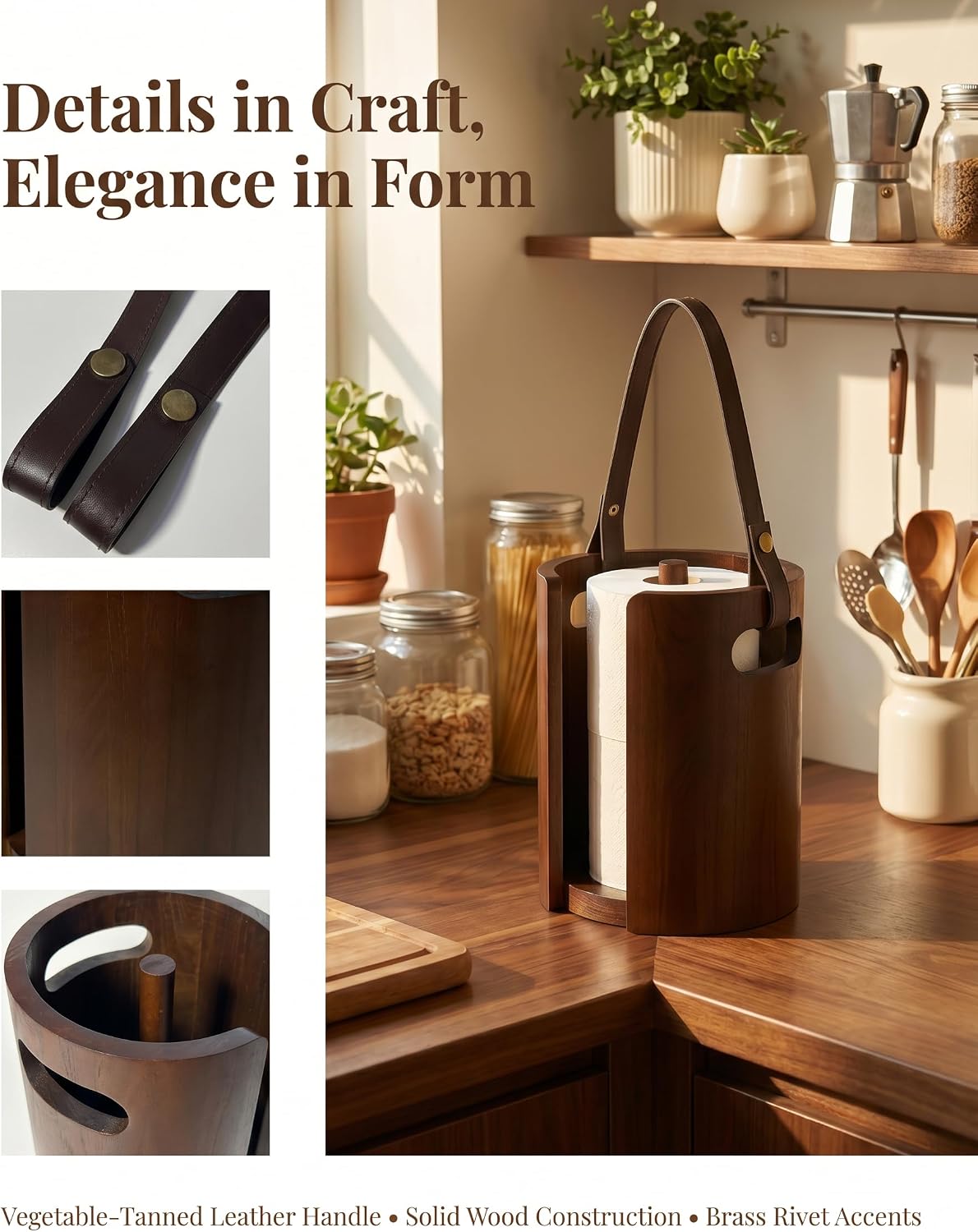 Wooden Paper Towel Holder, Wood Paper Towel Holder Countertop with Anti-Slip Base, Leather Handle and Splash Guard Plate for Kitchen and Bathroom, Living Room, RV image 5