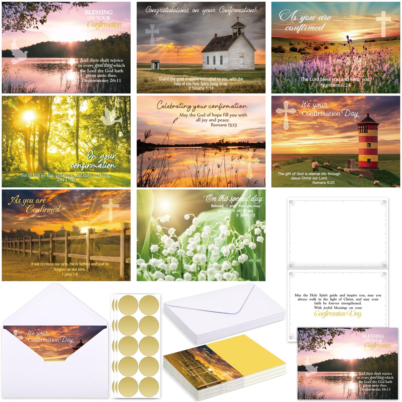 Motipuns 24 Sets Religious Confirmation Card Bulk with Scripture Assorted Message Bible Verse Inspirational Congratulations Confirmation Greeting Cards with Envelopes for Christian Baptism (Landscape)