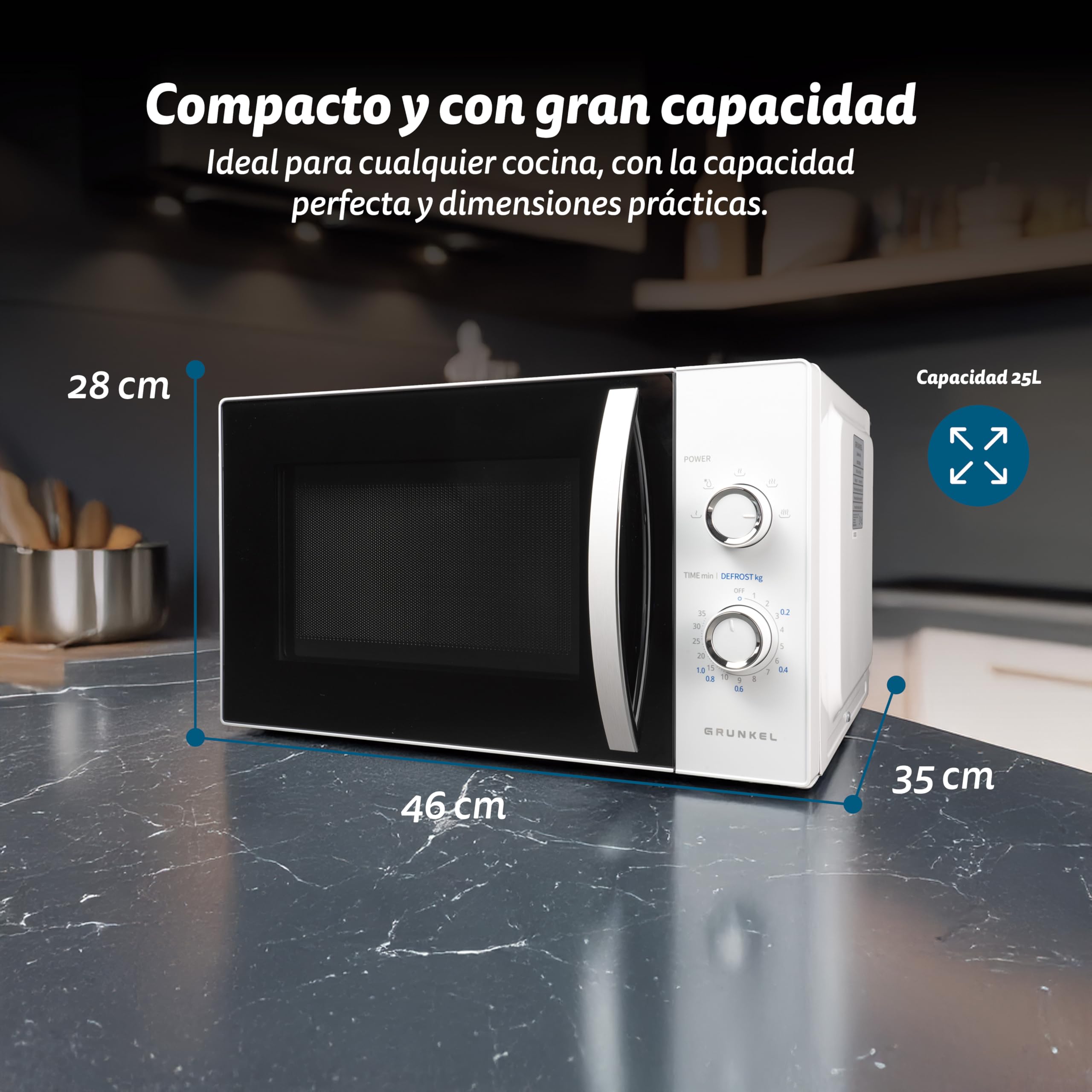 Microondas Grunkel con grill de 800w y 25 litros de capacidad MW-25MA con 5 niveles de potencia, descongelacion y plato de 24,5cm. (Sin Grill)