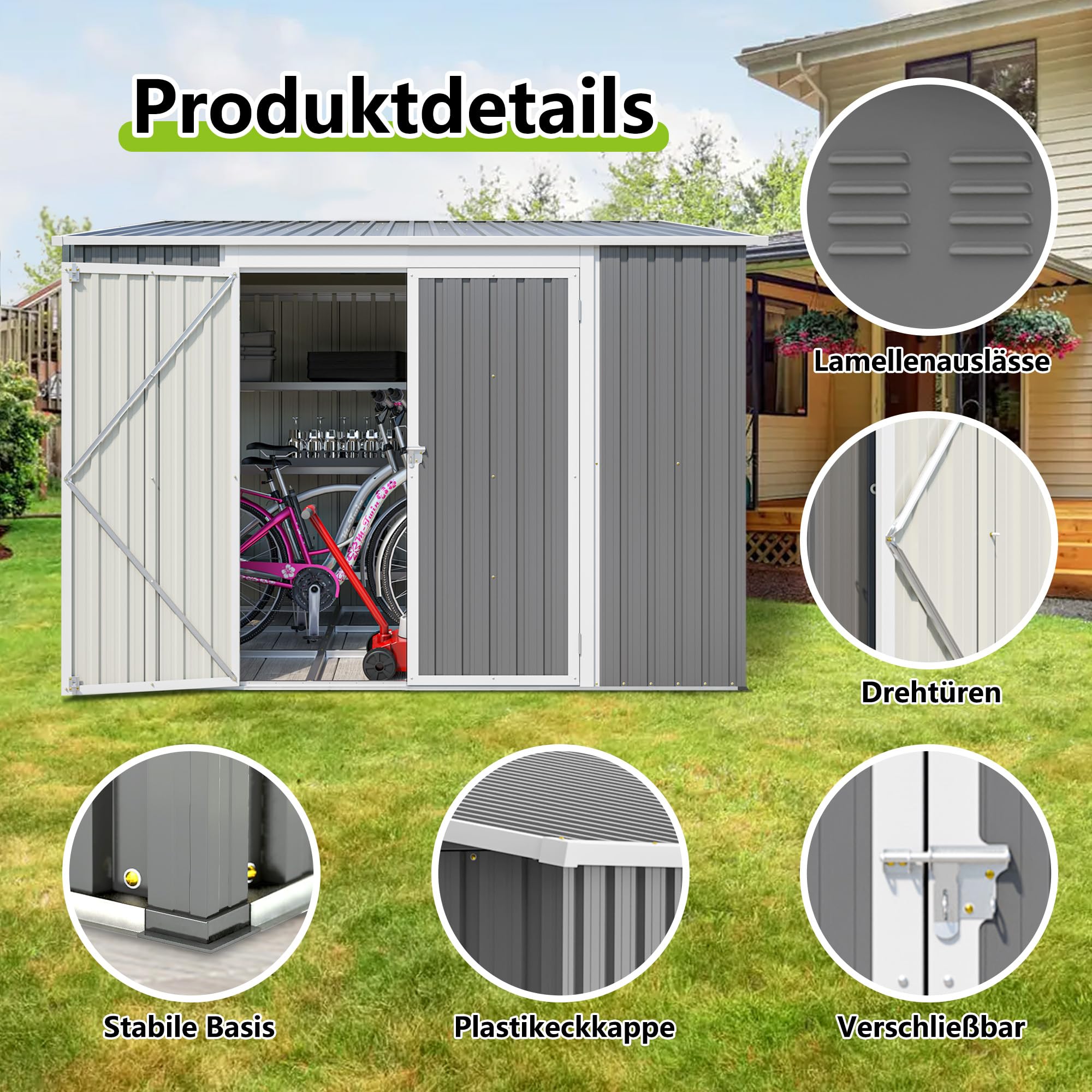 Cobertizo de metal de 6 x 8 pies, cobertizo de acero galvanizado con puerta doble y puerta lateral, cobertizo de jardín resistente a la intemperie, incluye kit de suelo y cerradura con cerradura