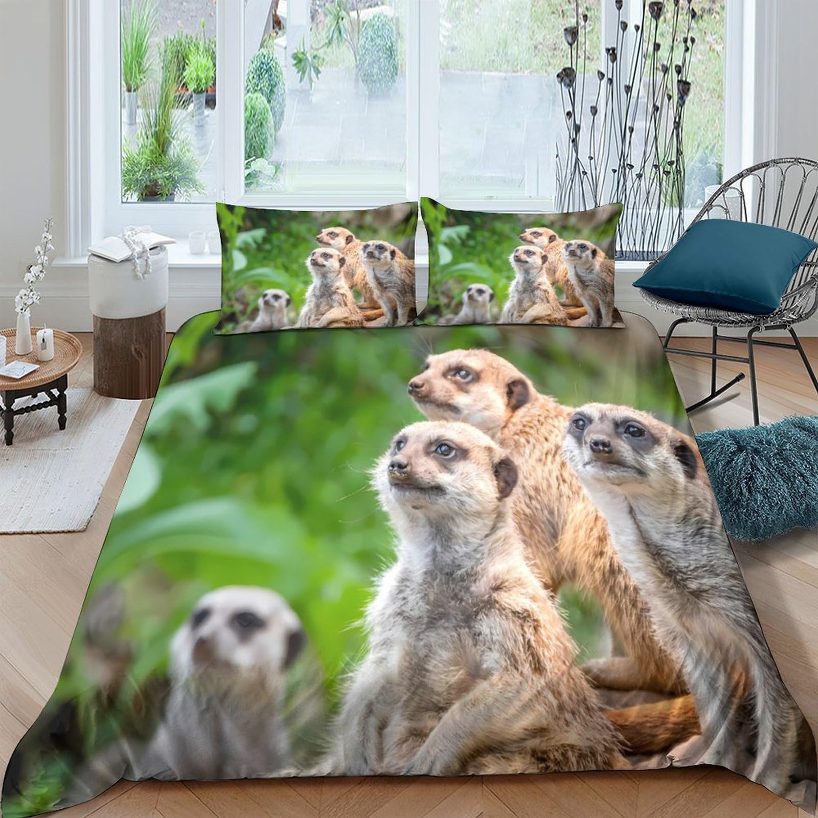 GPLZQXKJNH 3D Printed Meerkat Family Duvet Cover Set Microfiber Soft Breathable Nature Wildlife Bedding with 2 Pillowcases for Bedroom Decor Single（135x200cm）