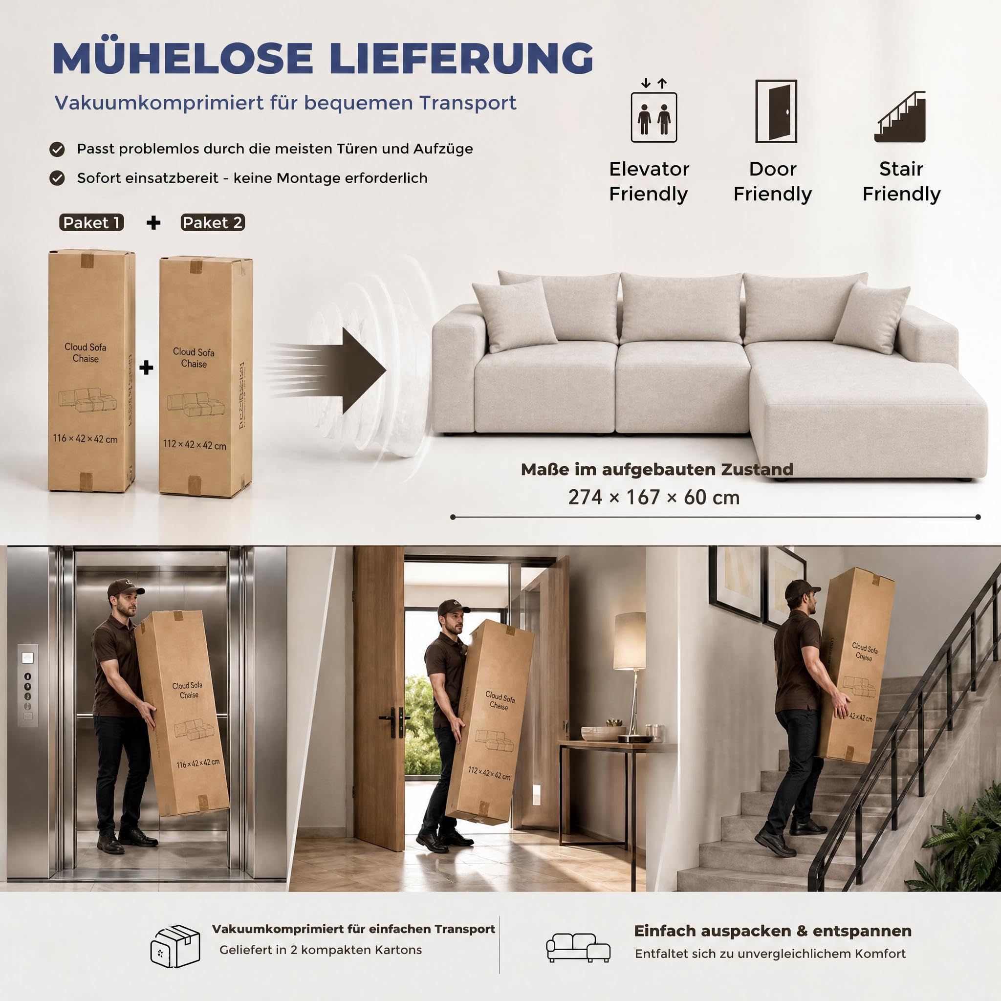 Garvee Modulares Sektionalsofa 274 cm, Wolkencouch mit Rechter Chaiselongue, Komprimiertes L-förmiges Sofa für Wohnzimmer, Boneless Couch Design, Keine Montage erforderlich, Beige