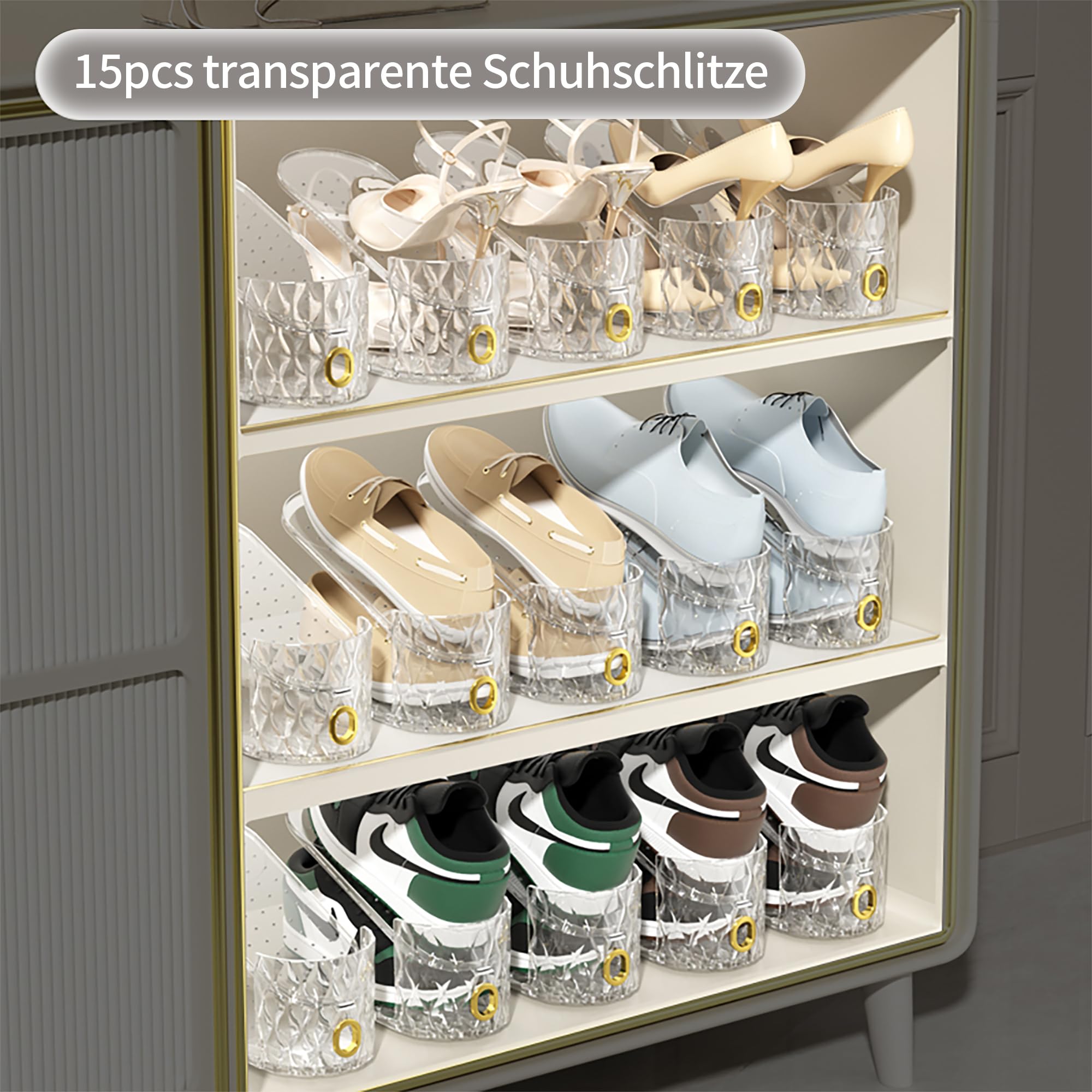 15 Stück verstellbare transparente Schuhschlitz-Organizer, platzsparend, doppellagig, Schuhregal Schuhstapler für Schuhaufbewahrung Schuhorganizer, stapelbarer Schuhhalter für Sneakers, Absätze un