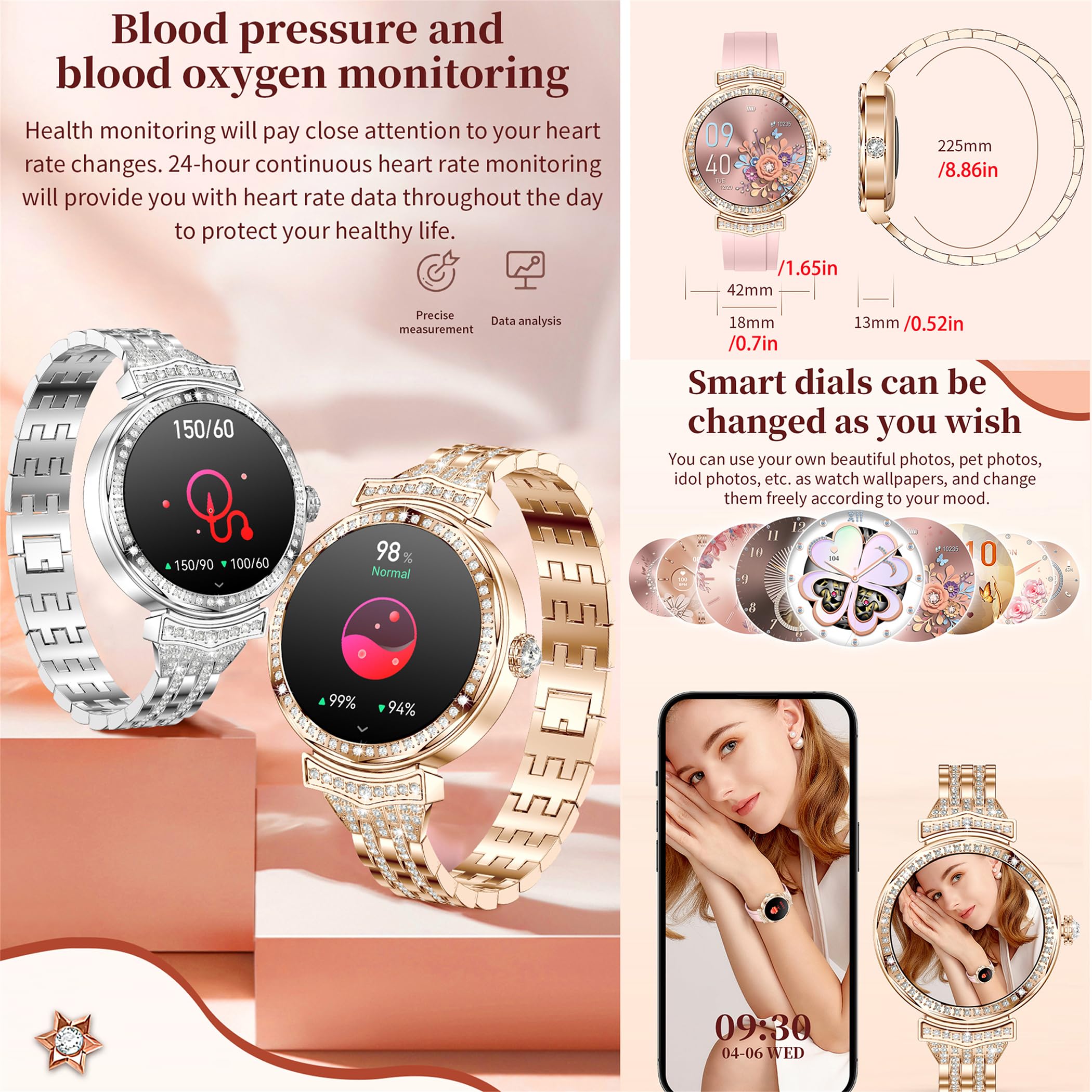 Orologio intelligente da donna con chiamate Bluetooth, display touch AMOLED da 1,32", 5 ATM, con misurazione della pressione sanguigna SpO2, contapassi, monitor del sonno, orologio fitness per