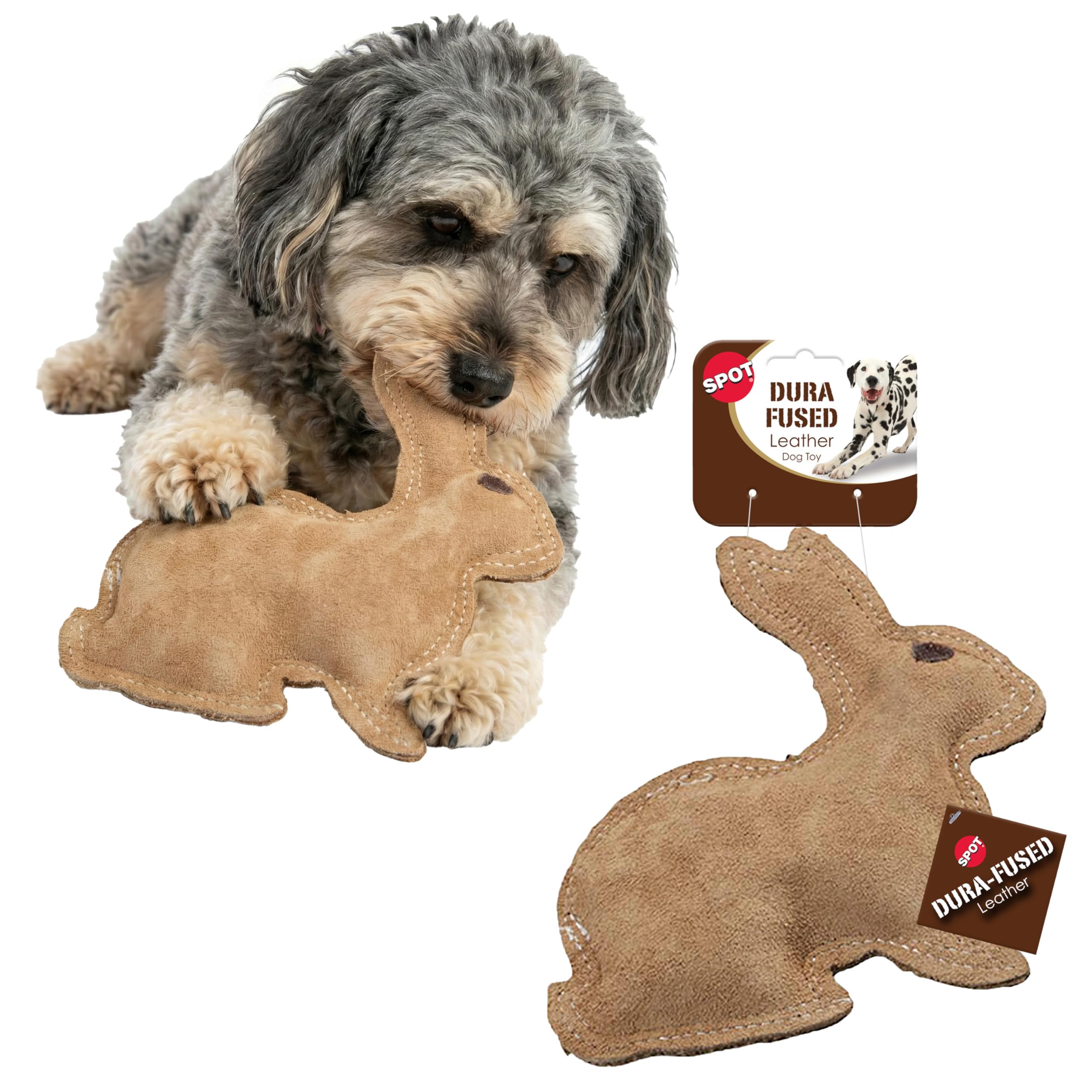 SPOT Dura-Fused Leather Rabbit Dog Toy – Durable Real Leather & Jute Chew Toy with Squeaker, Double-Stitched for Moderate Chewers, Small & Medium Dogs, 7.5in