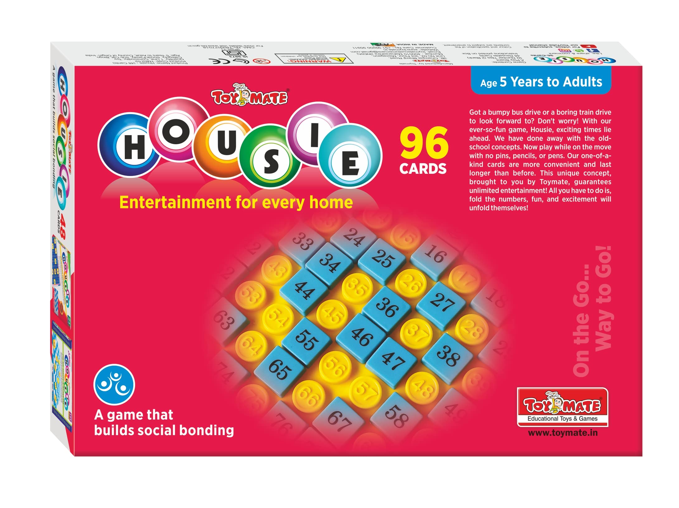 toymate Red Housie 96 Reusable Card Game- Family Fun Game For Small Gathering- No Pins Or Pencils Required