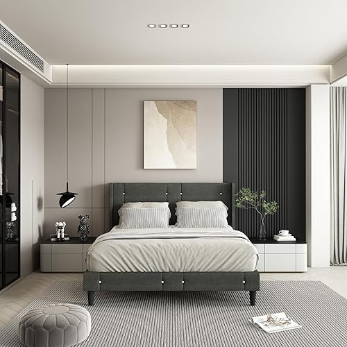 Miniatura 7 de Olivae Base de cama tamaño Queen con cabecera copetuda con alas, soporte de listones de madera, marco resistente de tela de lino de fácil montaje,