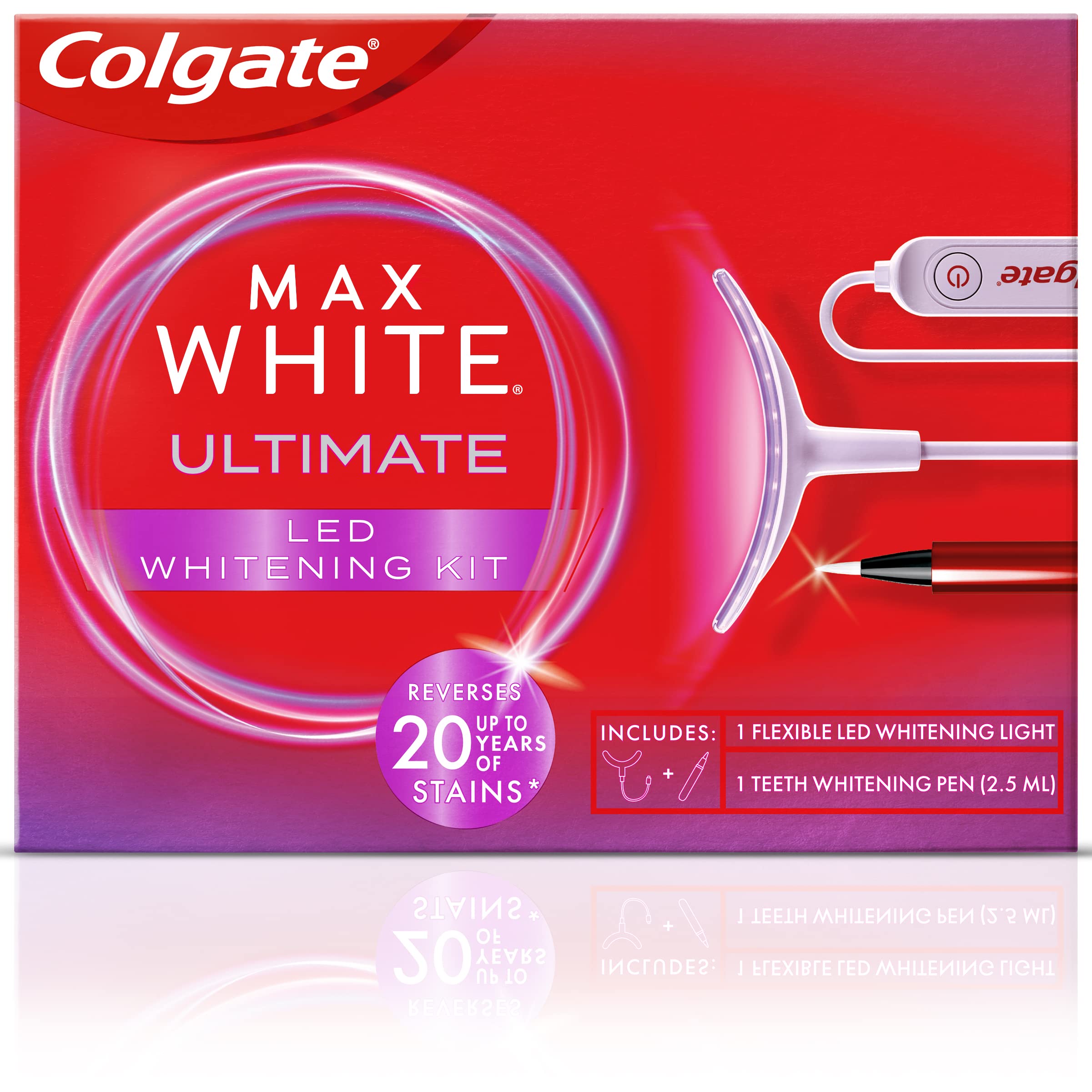 COLGATE - Kit Blanchiment Dentaire Max White à Domicile, Respecte l'Émail, Élimine Jusqu'à 20 Ans de Taches, Sérum blancheur et Lumière LED Alimentée par Smartphone