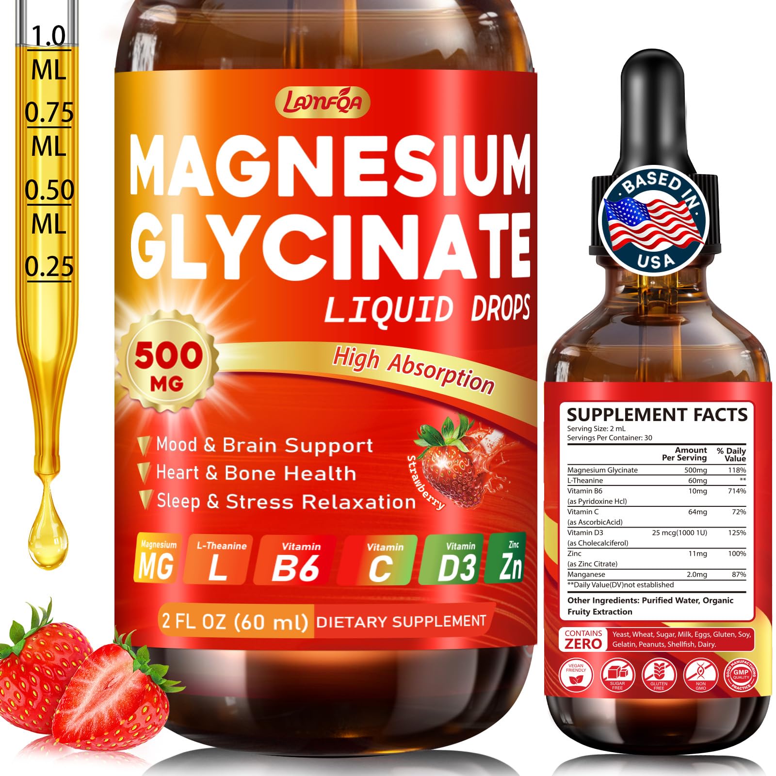 Magnesium Glycinate Liquid Drops 500mg – High Absorption with Vitamin B Strawberry 2 Fl Oz (Pack of 1)
