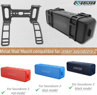 Metal Wall Mount Compatible for Anker Soundcore 2 Portable Bluetooth Speaker,Secure Shelf Holder with Adjustable Silicone Straps, Speaker Wall Bracket for Ceiling,Bike (Black)