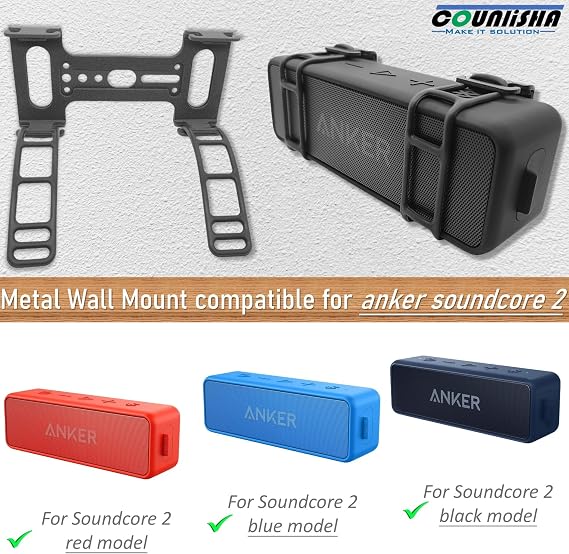 Metal Wall Mount Compatible for Anker Soundcore 2 Portable Bluetooth Speaker,Secure Shelf Holder with Adjustable Silicone Straps, Speaker Wall Bracket for Ceiling,Bike (Black)
