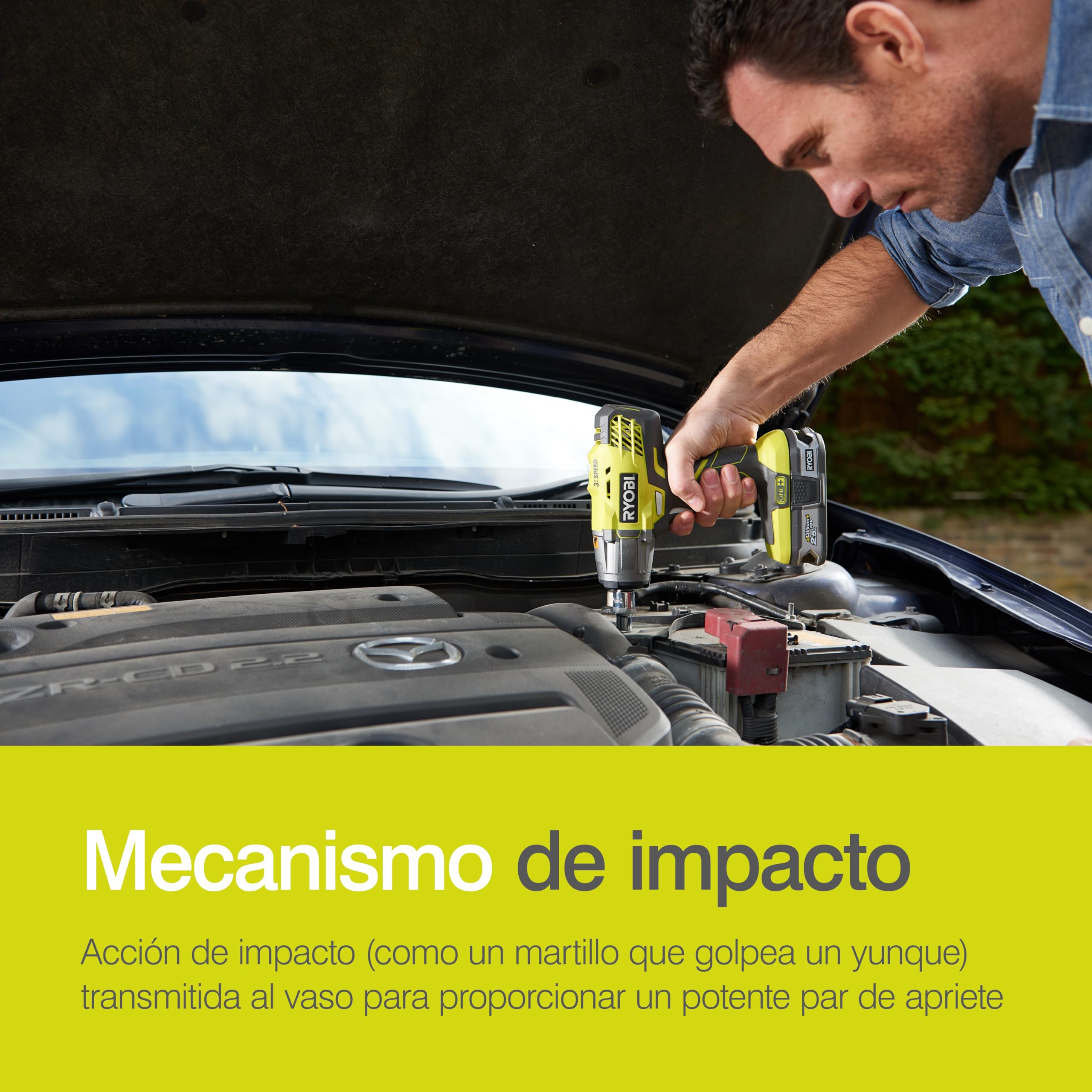 Ryobi - Llave de Impacto Eléctrica Sin Cable 18V ONE+ 400Nm - 3 Velocidades y 3 Pares de Apriete - Accesorio de Fijación Cuadrado 1/2" y Adaptador Hexagonal 1/4" - Inversor de Rotación - R18IW3-0